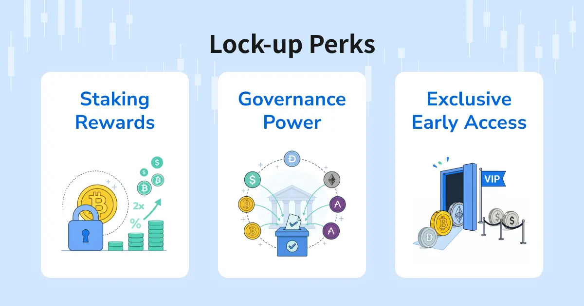 Lock-up Perks: 1. Staking Rewards 2. Governance Power 3. Exclusive Early Access