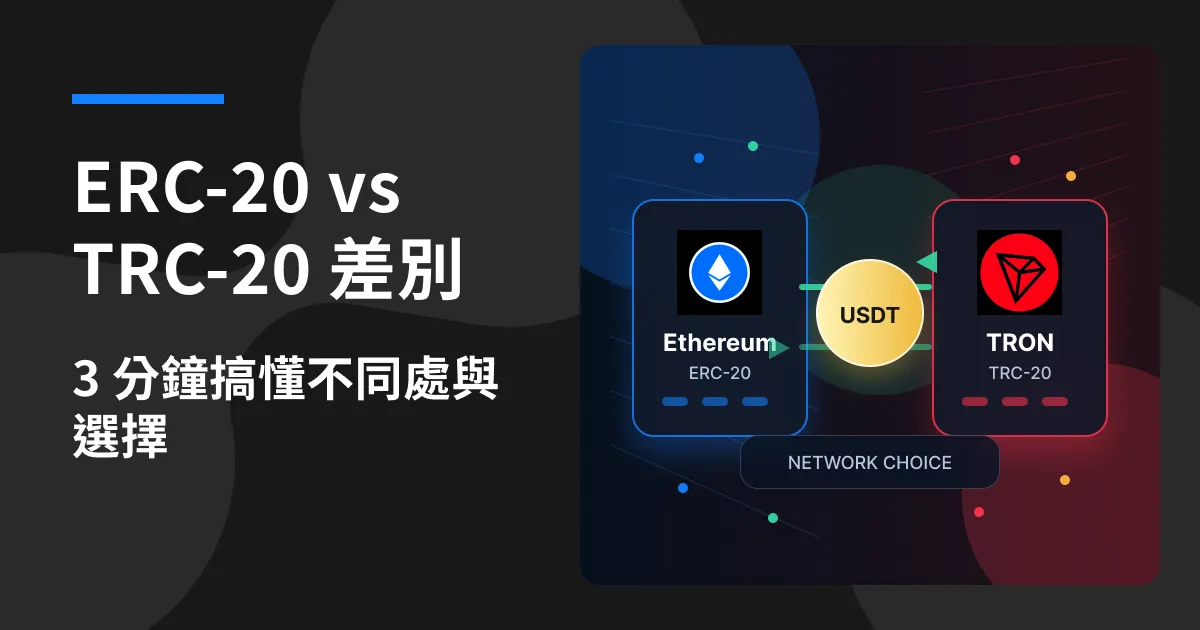 ERC-20 vs TRC-20 差別文章首圖，呈現雙鏈網路、USDT 代幣與跨鏈選擇示意。