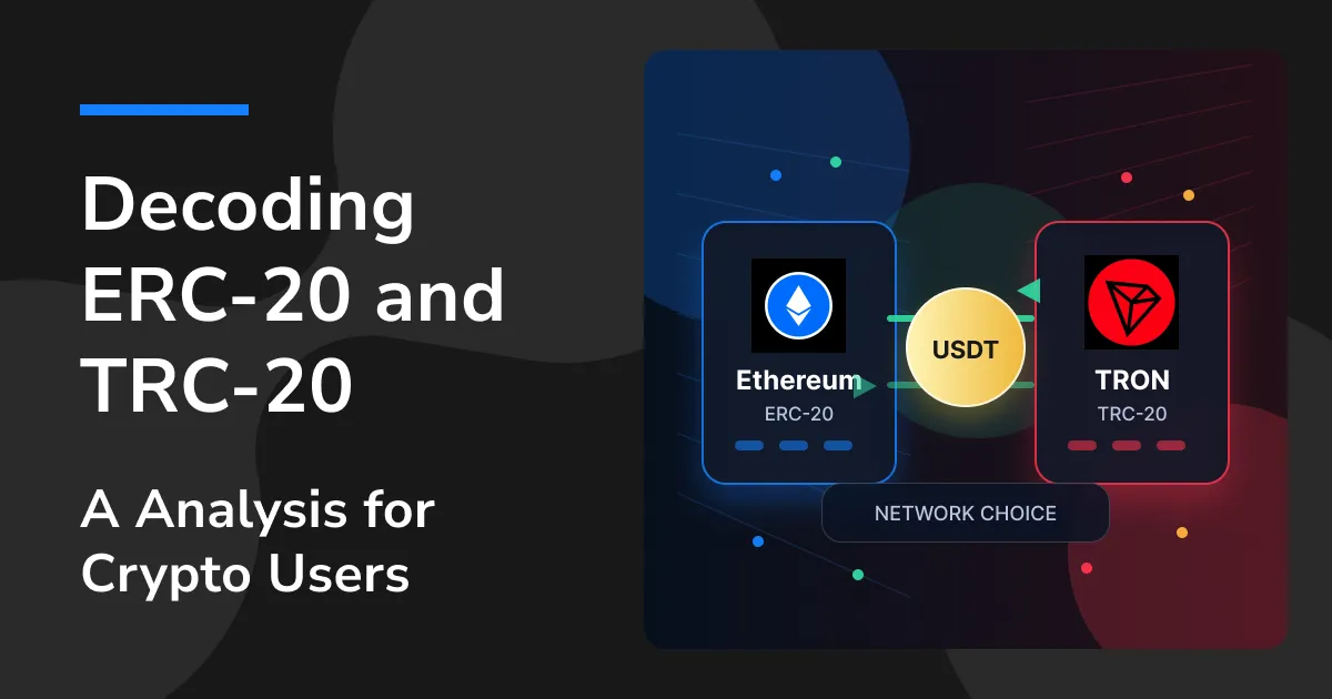 Hero image comparing ERC-20 and TRC-20 networks, showing USDT and a blockchain transfer choice.