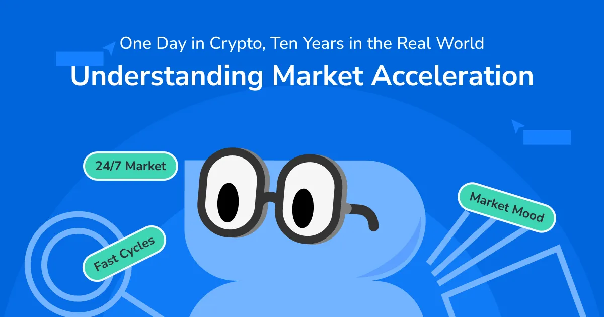 Hero image about one day in crypto, showing 24/7 markets, fast-moving prices, and emotional market cycles.