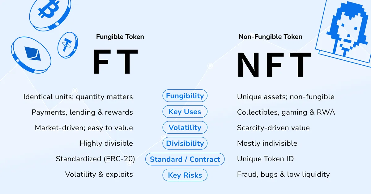 NFT development article content image comparing FT and NFT by interchangeability, use cases, value volatility, divisibility, and risk factors.