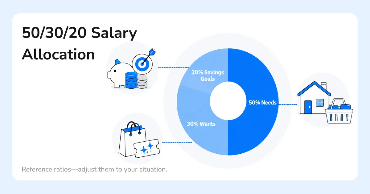 Salary allocation article image showing the 50/30/20 rule: 50% for needs, 30% for wants, and 20% for savings goals, with ratios adjustable to personal circumstances.