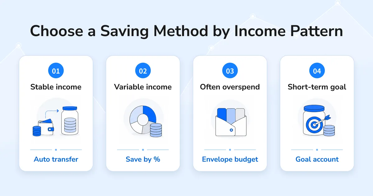Saving methods article image matching stable income, fluctuating income, overspending, and short-term goals with automatic transfers, percentage-based saving, envelope budgeting, and goal accounts.