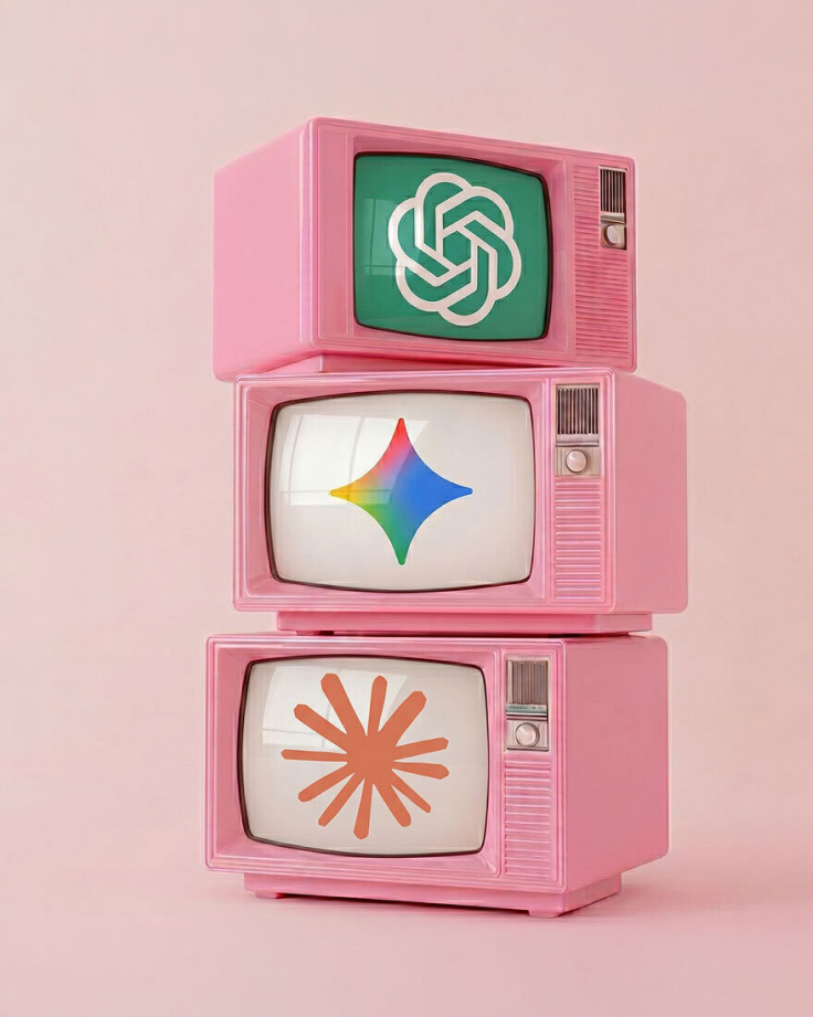 Three pink vintage televisions stacked together displaying AI-related logos against a soft pink background.