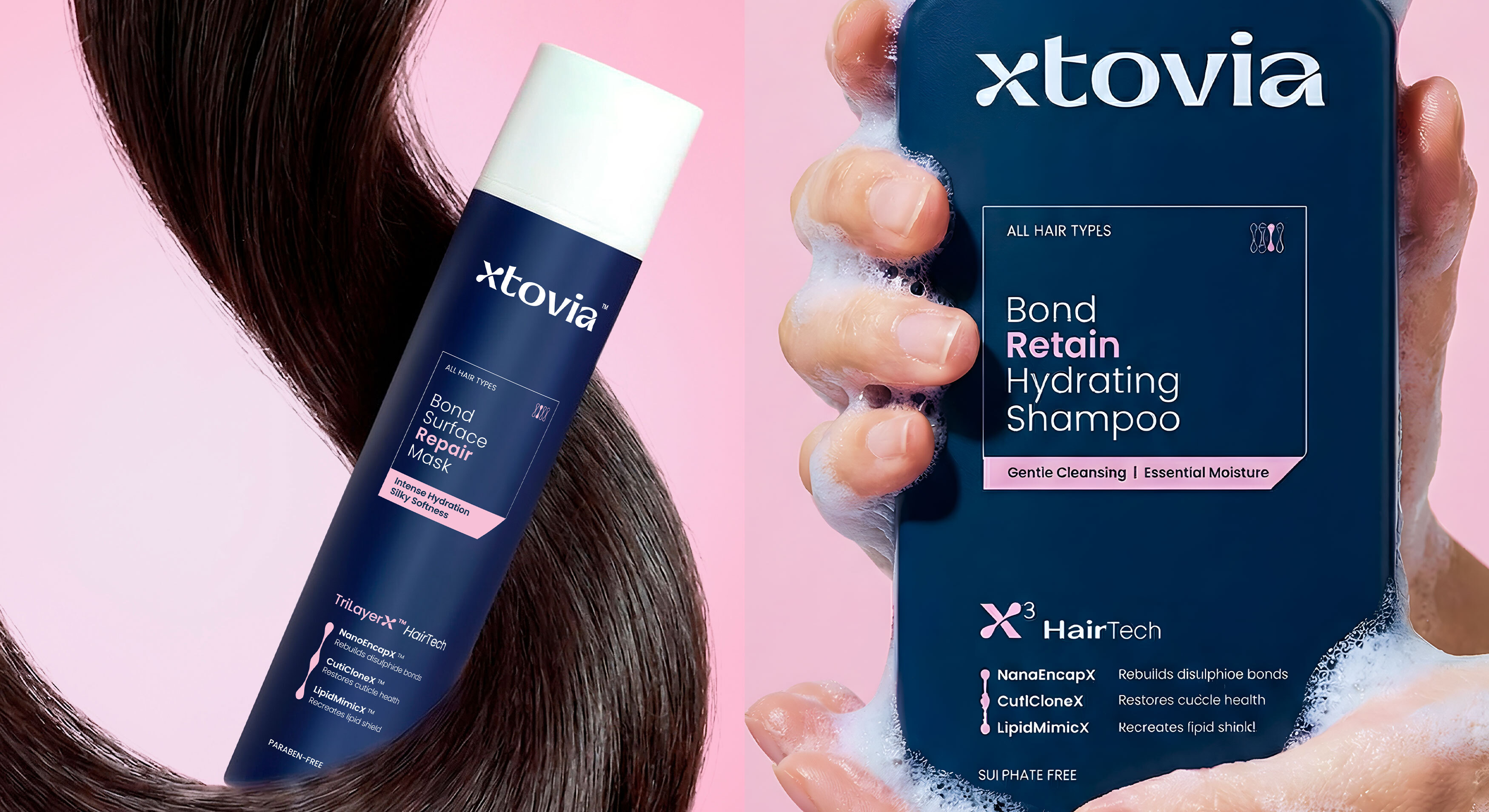 Close-up of Xtovia Bond Surface Repair Mask beside healthy hair and Xtovia Bond Retain Hydrating Shampoo held in a hand covered with foam.