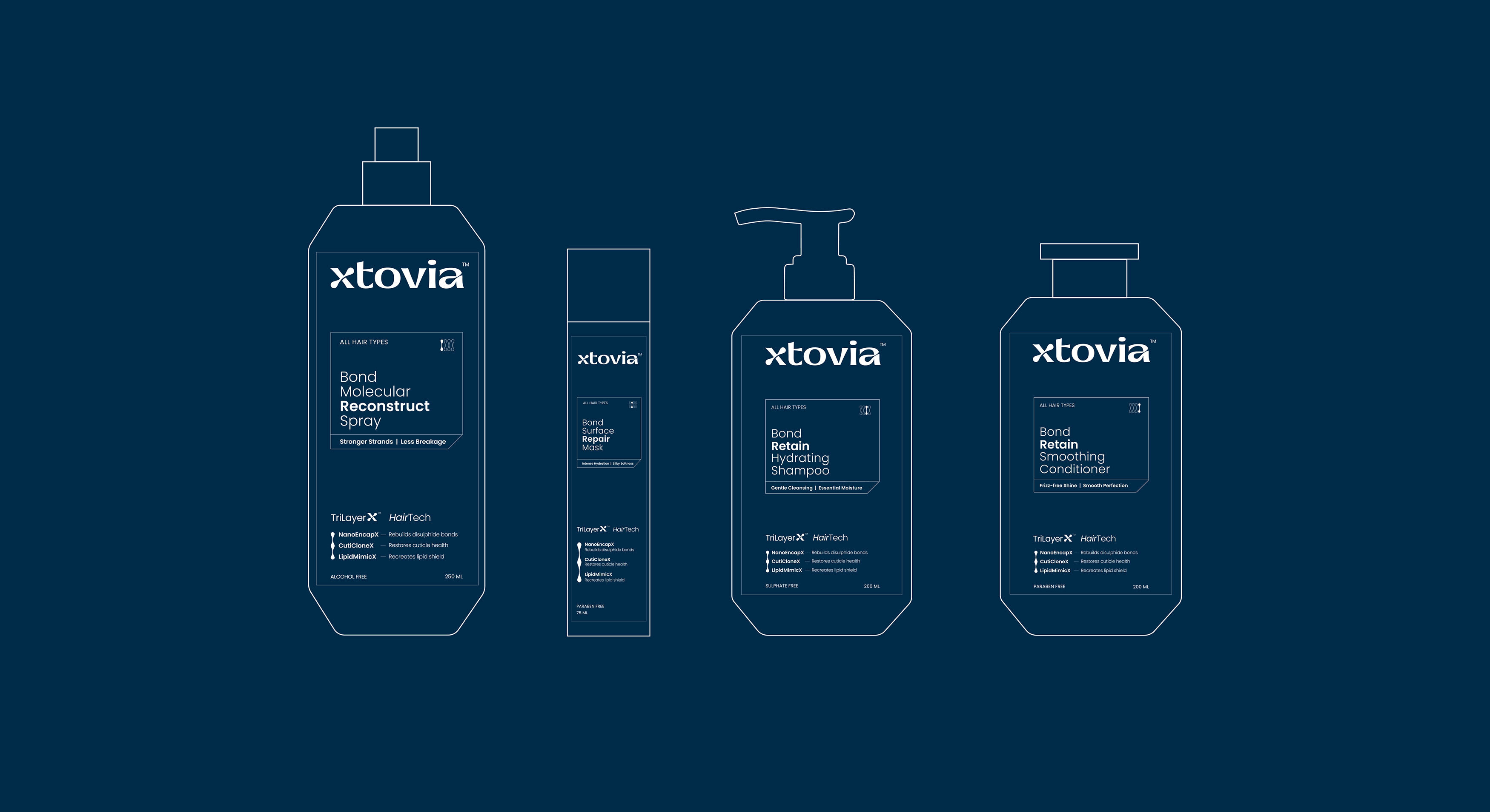 Xtovia haircare packaging system showing four product formats including a spray bottle, repair mask tube, shampoo bottle, and conditioner bottle on a navy background.