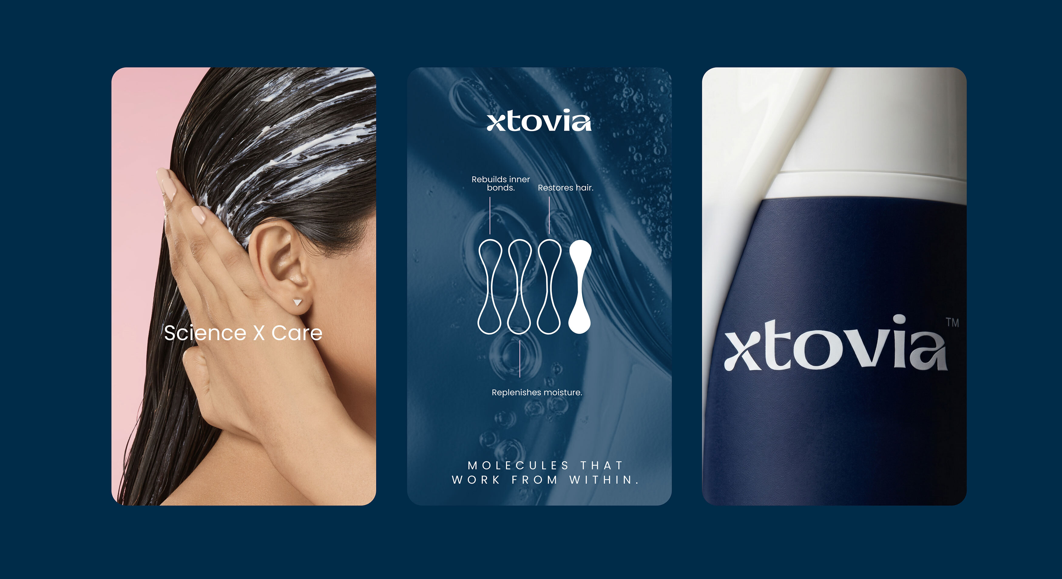 Three Xtovia brand visuals featuring healthy hair, the TriLayerX HairTech molecular system, and a close-up of the product packaging.