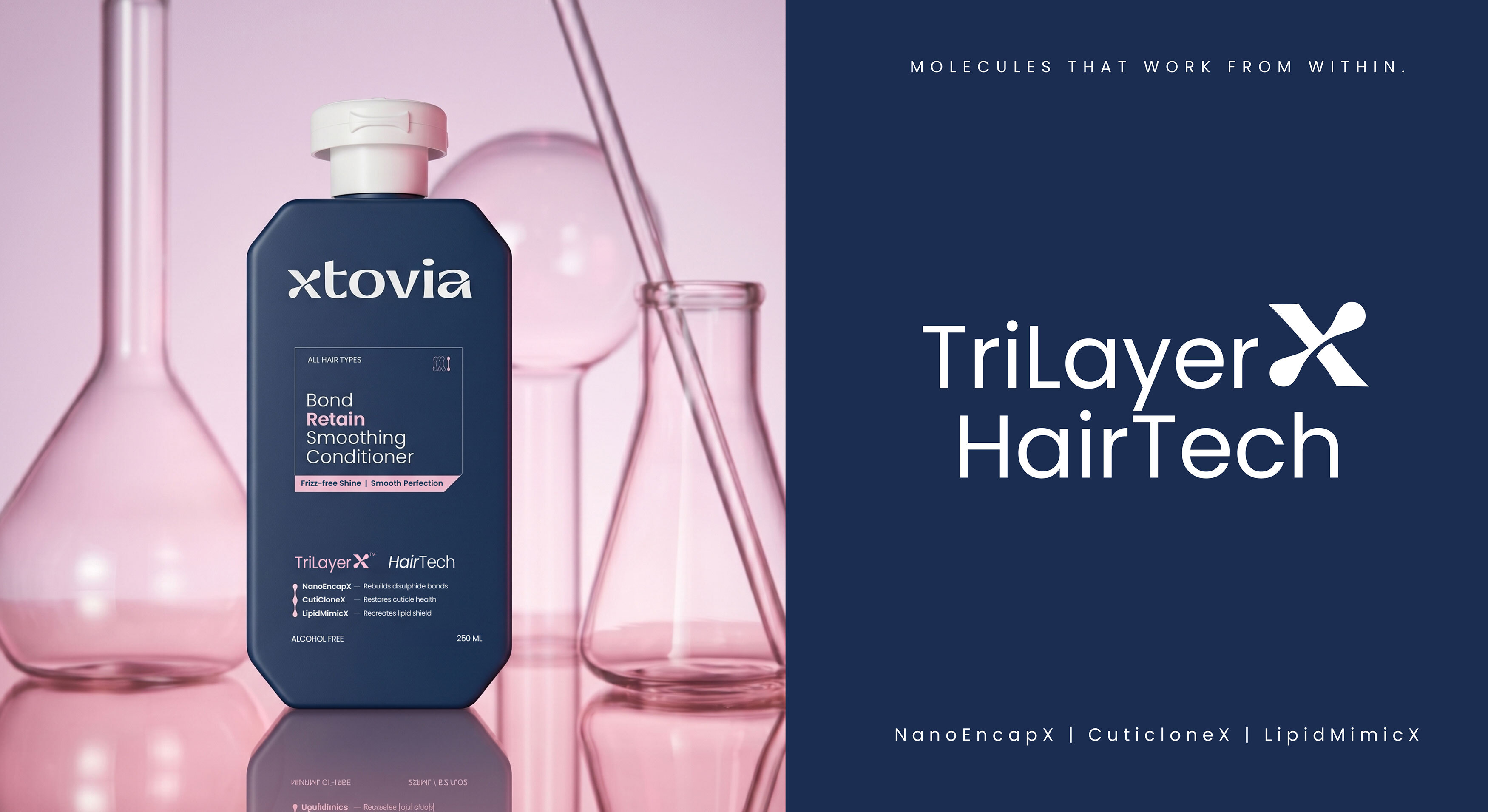 Xtovia Bond Retain Smoothing Conditioner bottle displayed beside laboratory glassware with TriLayerX HairTech branding.