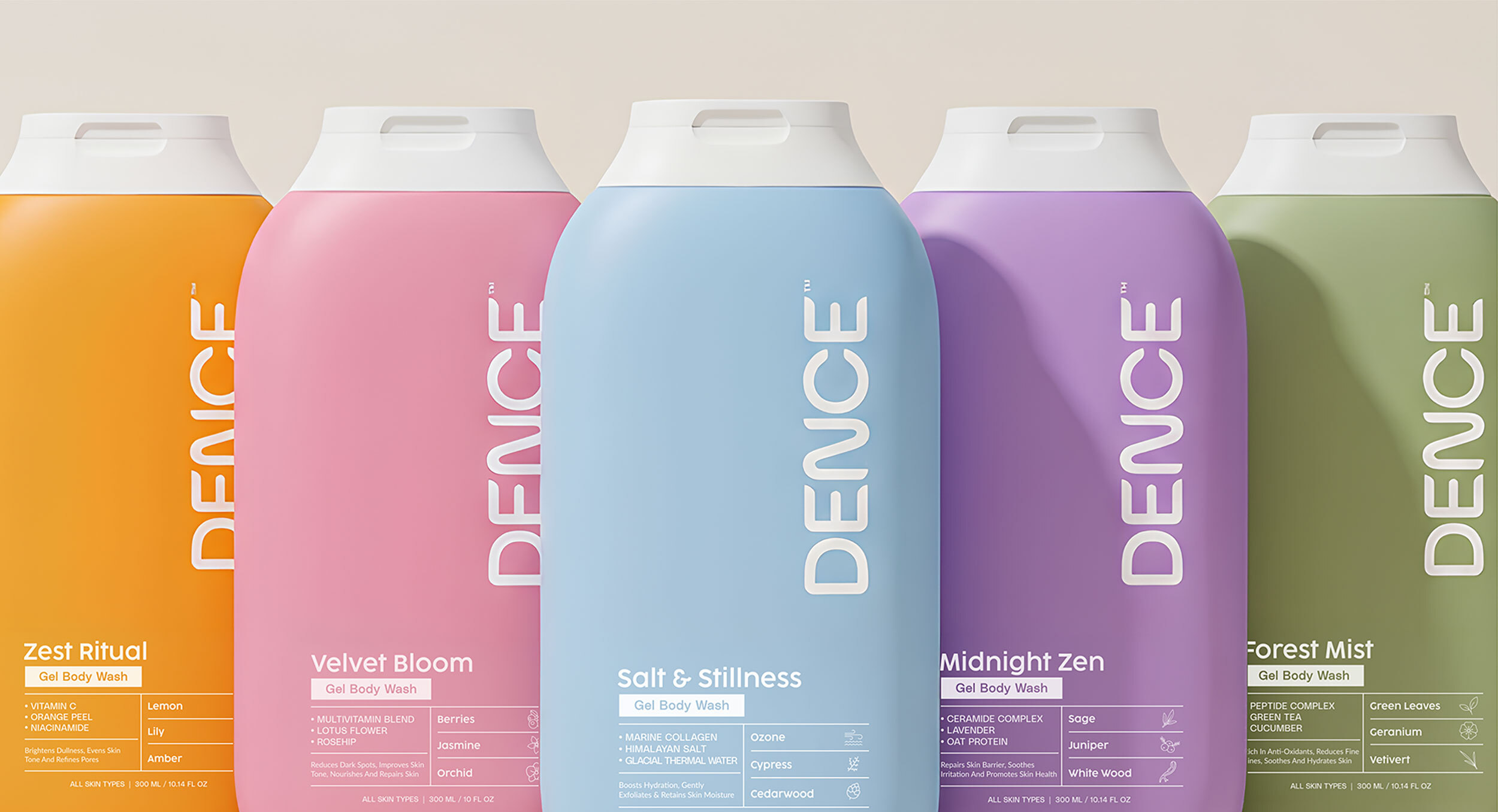 Dence body wash bottles in vibrant pastel colors showcasing the complete collection.