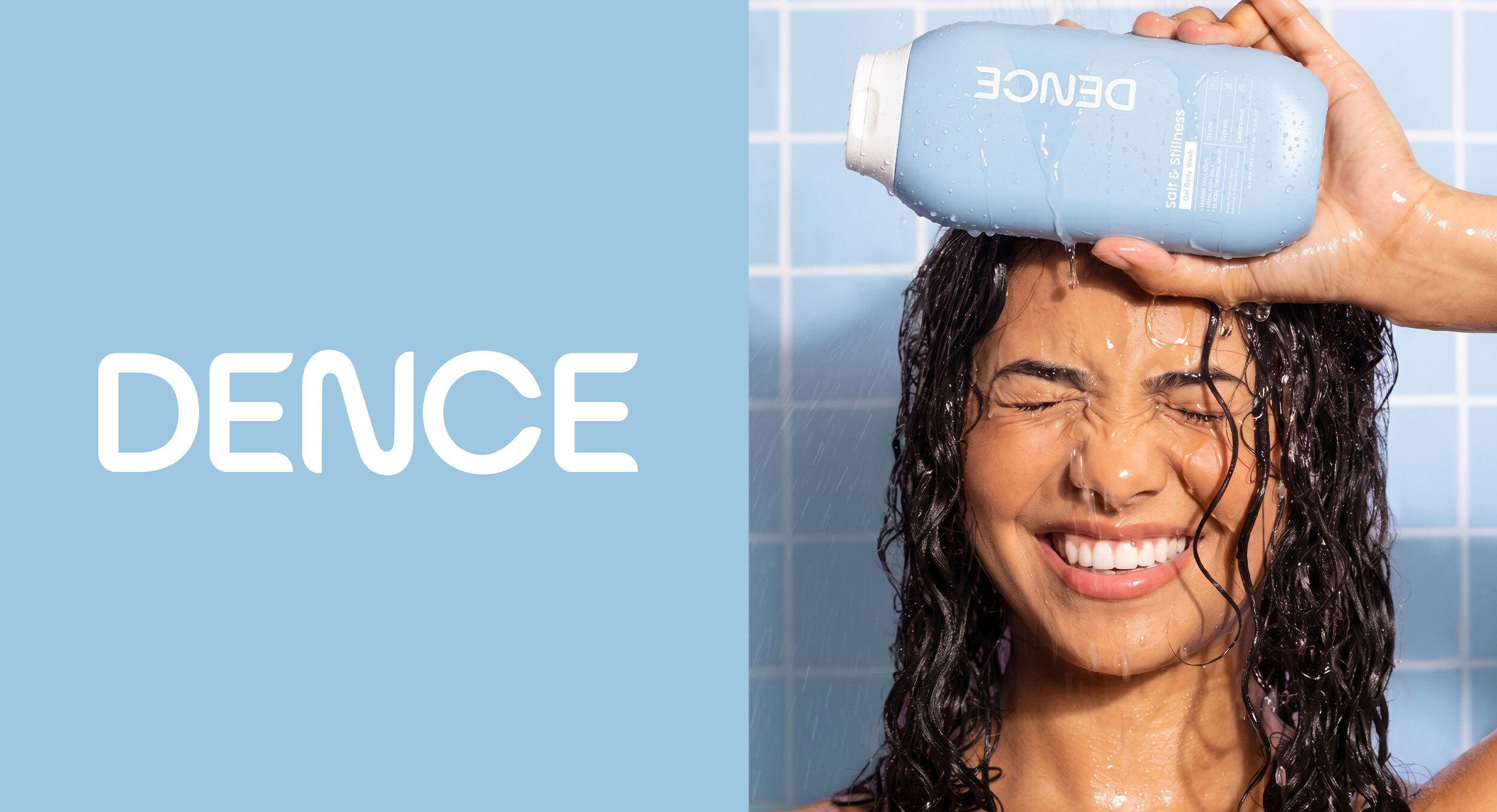 Dence brand identity featuring minimalist logo design alongside a refreshing lifestyle image.
