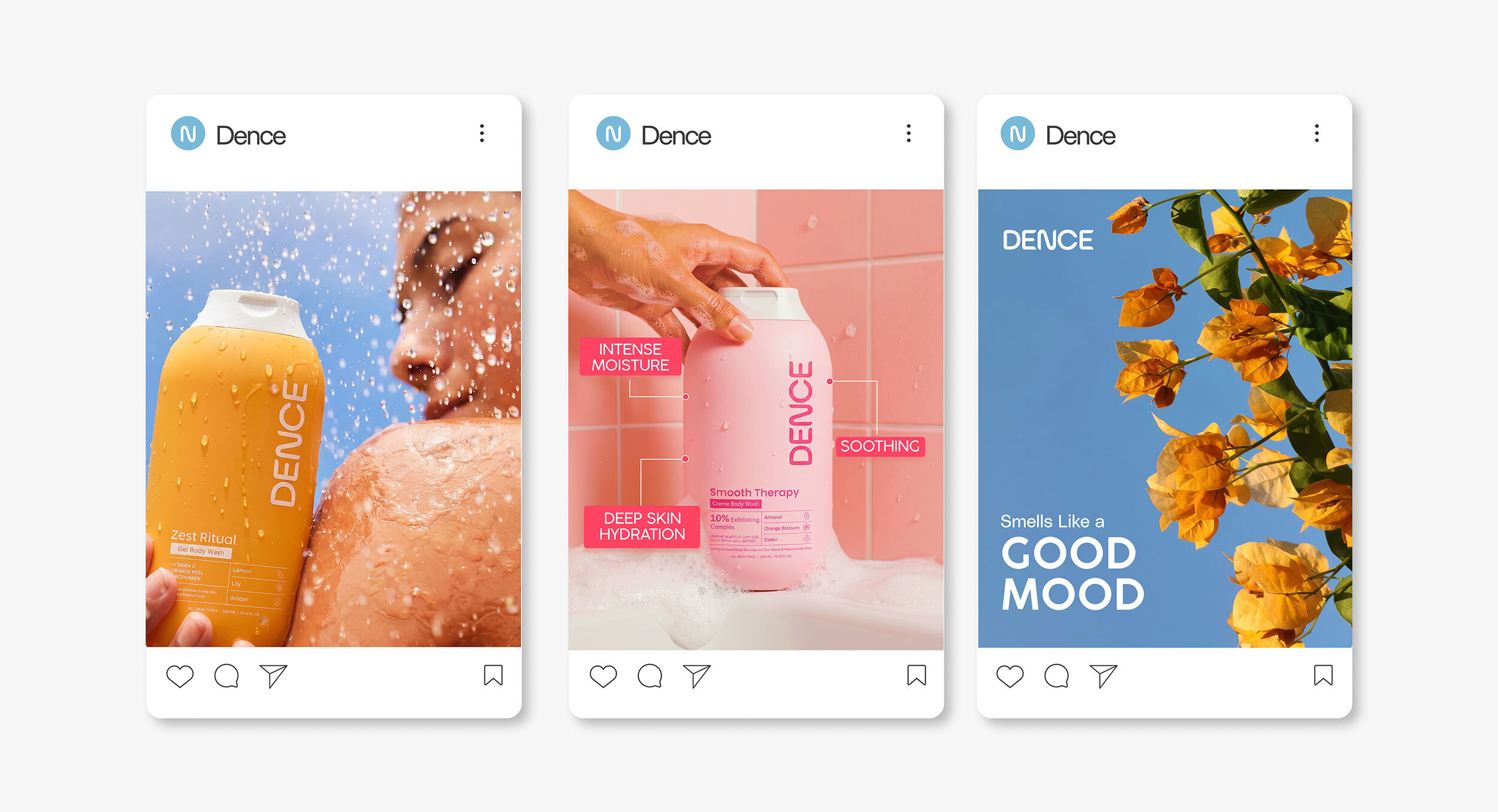 Instagram feed showcasing colorful body wash campaign posts and product-focused social media design.