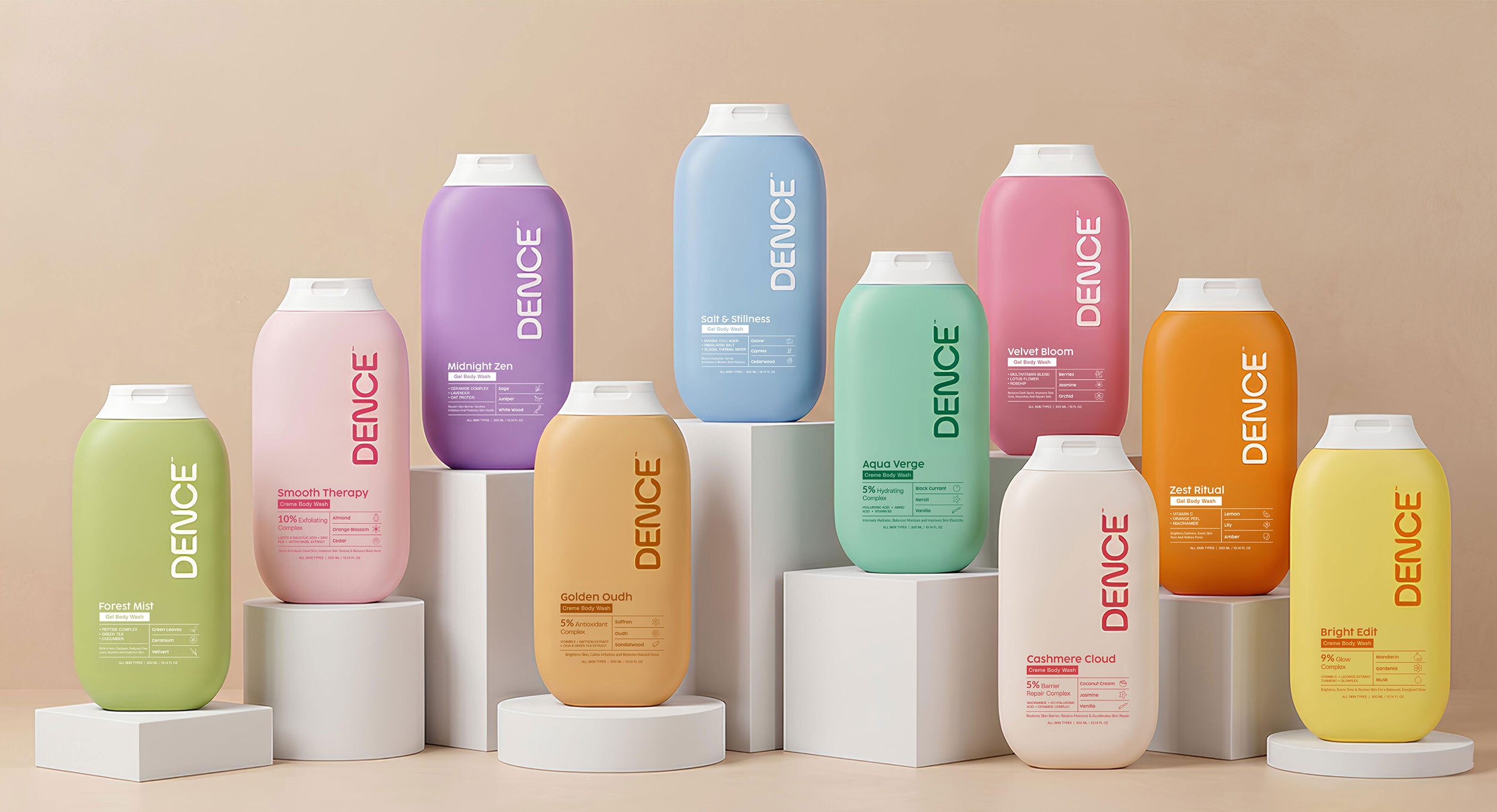 Complete range of Dence body wash bottles displayed on pedestals, highlighting the colorful packaging system and unified product architecture.