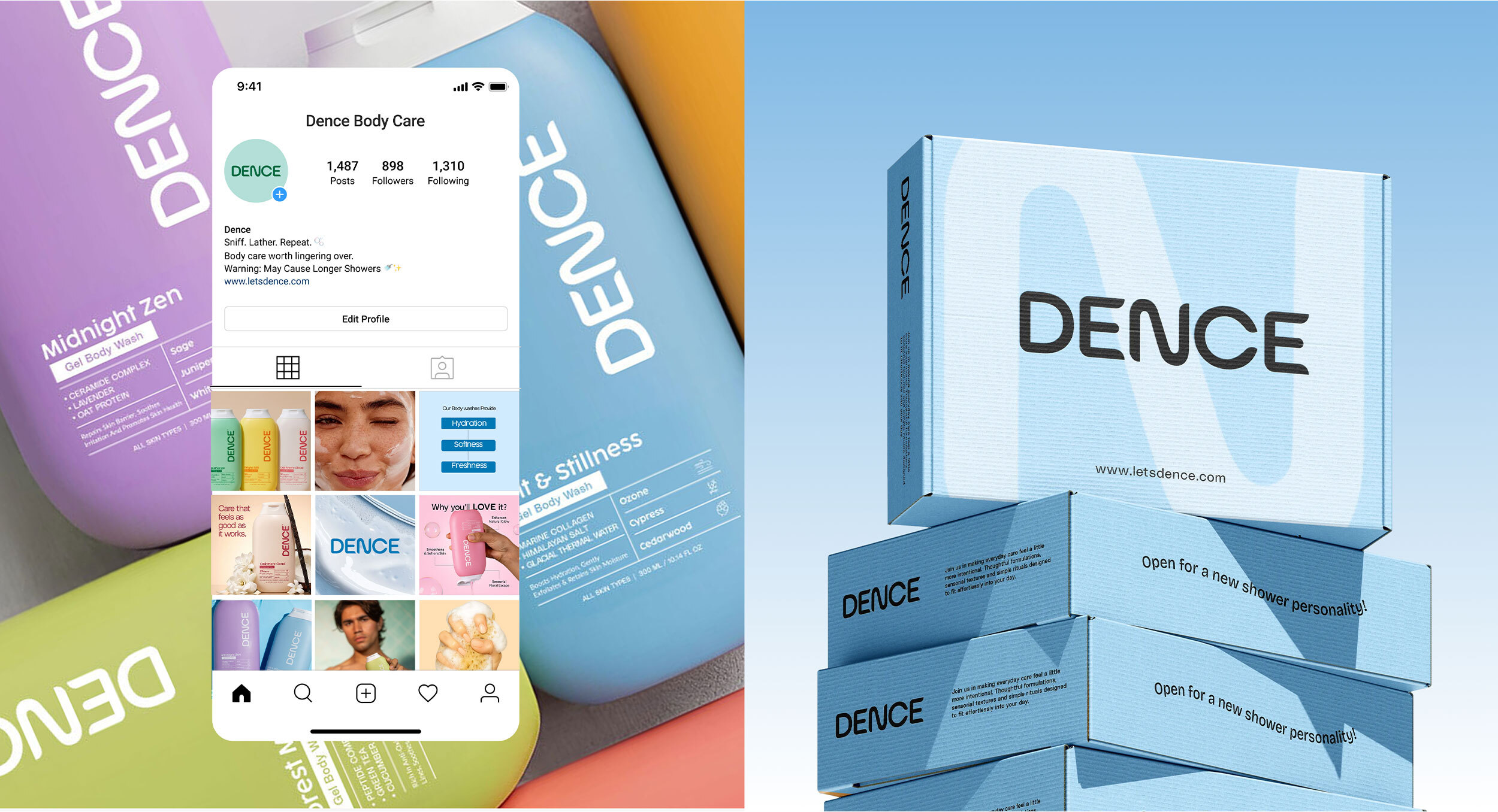 Dence branded shipping boxes, packaging and social media assets showcasing the complete visual identity.