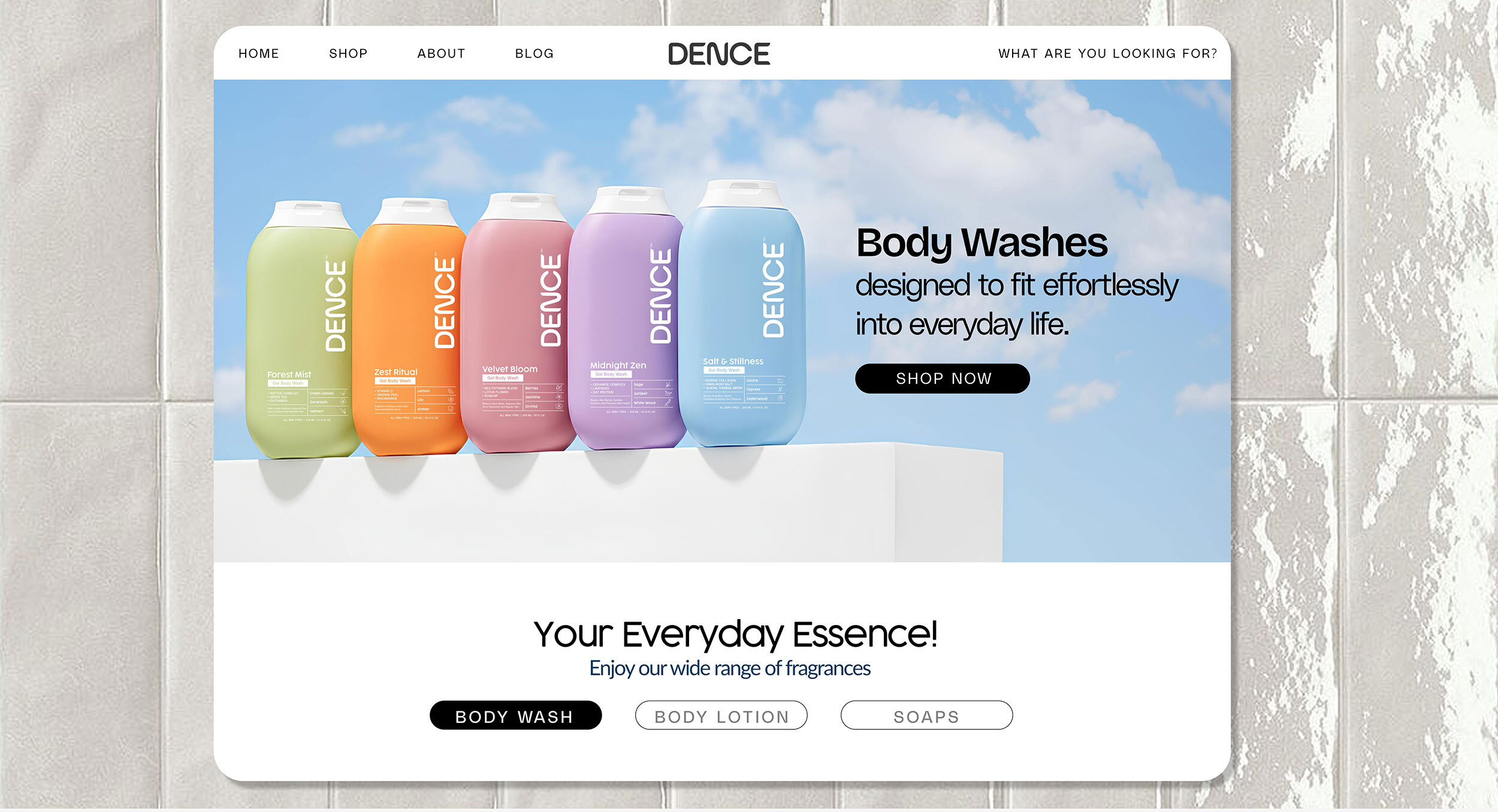 Dence e-commerce website homepage displaying the body wash collection with a clean, modern user interface.