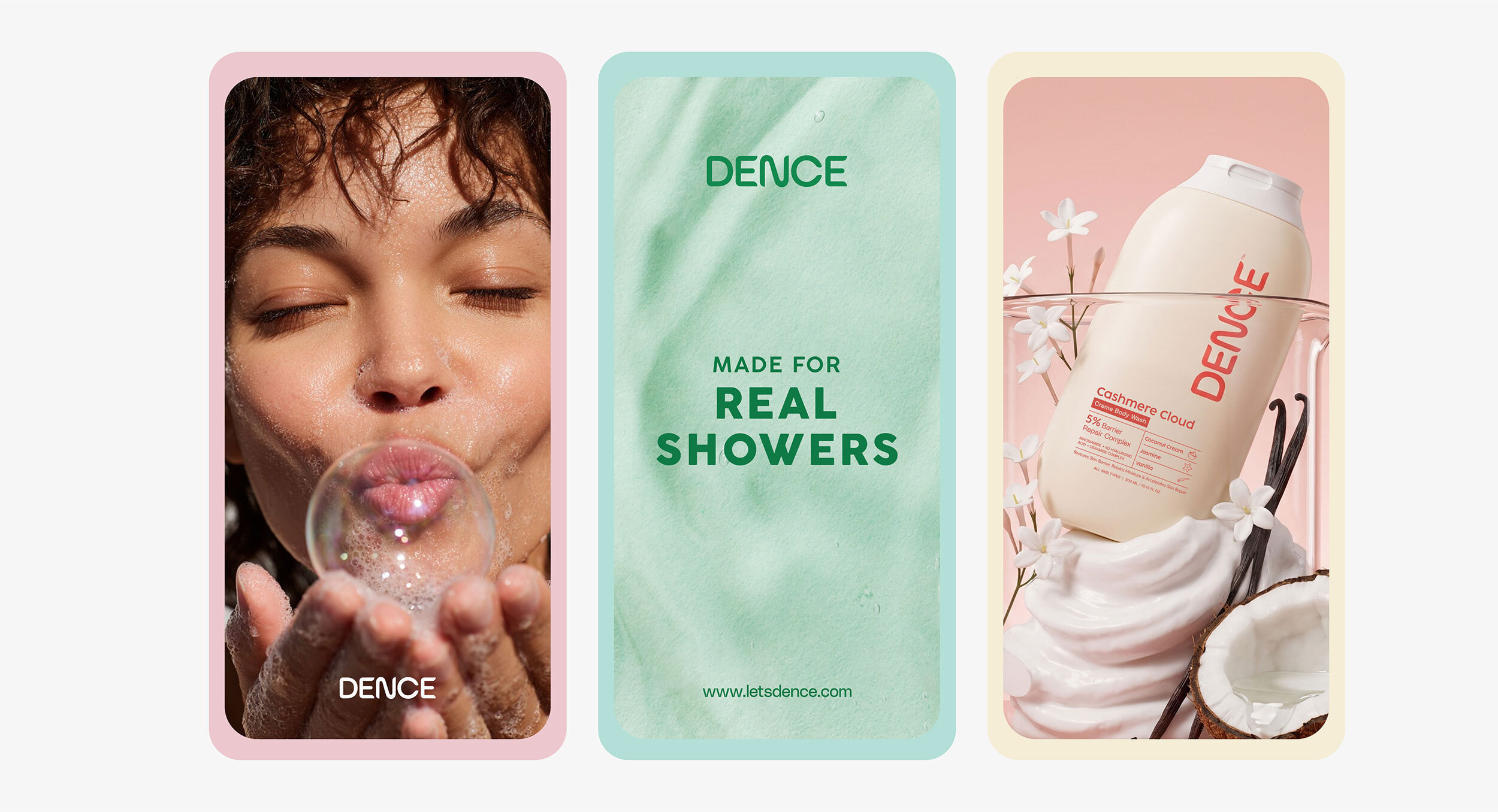 Dence mobile-first campaign creatives promoting refreshing body care and everyday shower rituals.