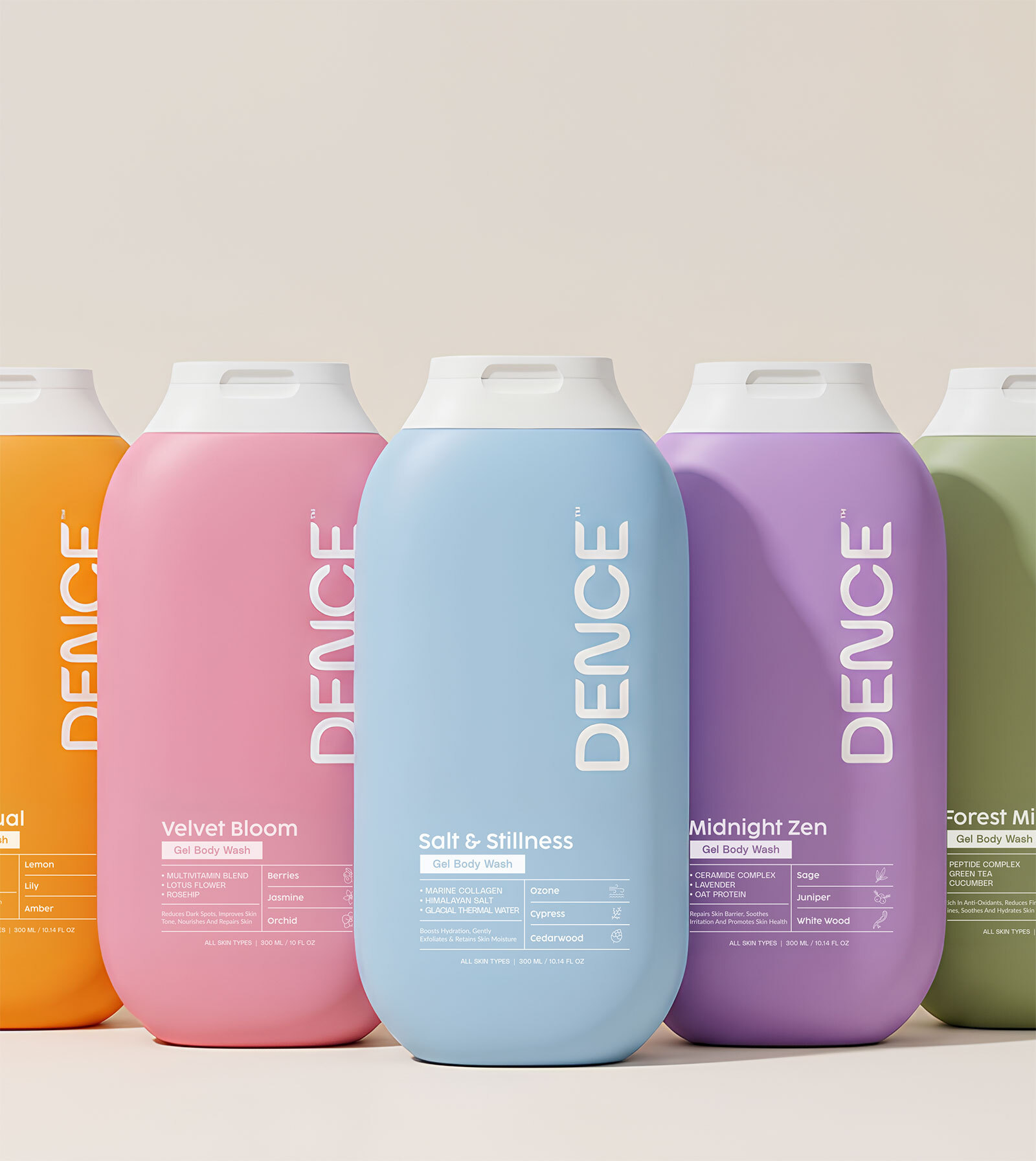 Dence body wash bottles in vibrant pastel colors showcasing the complete collection.