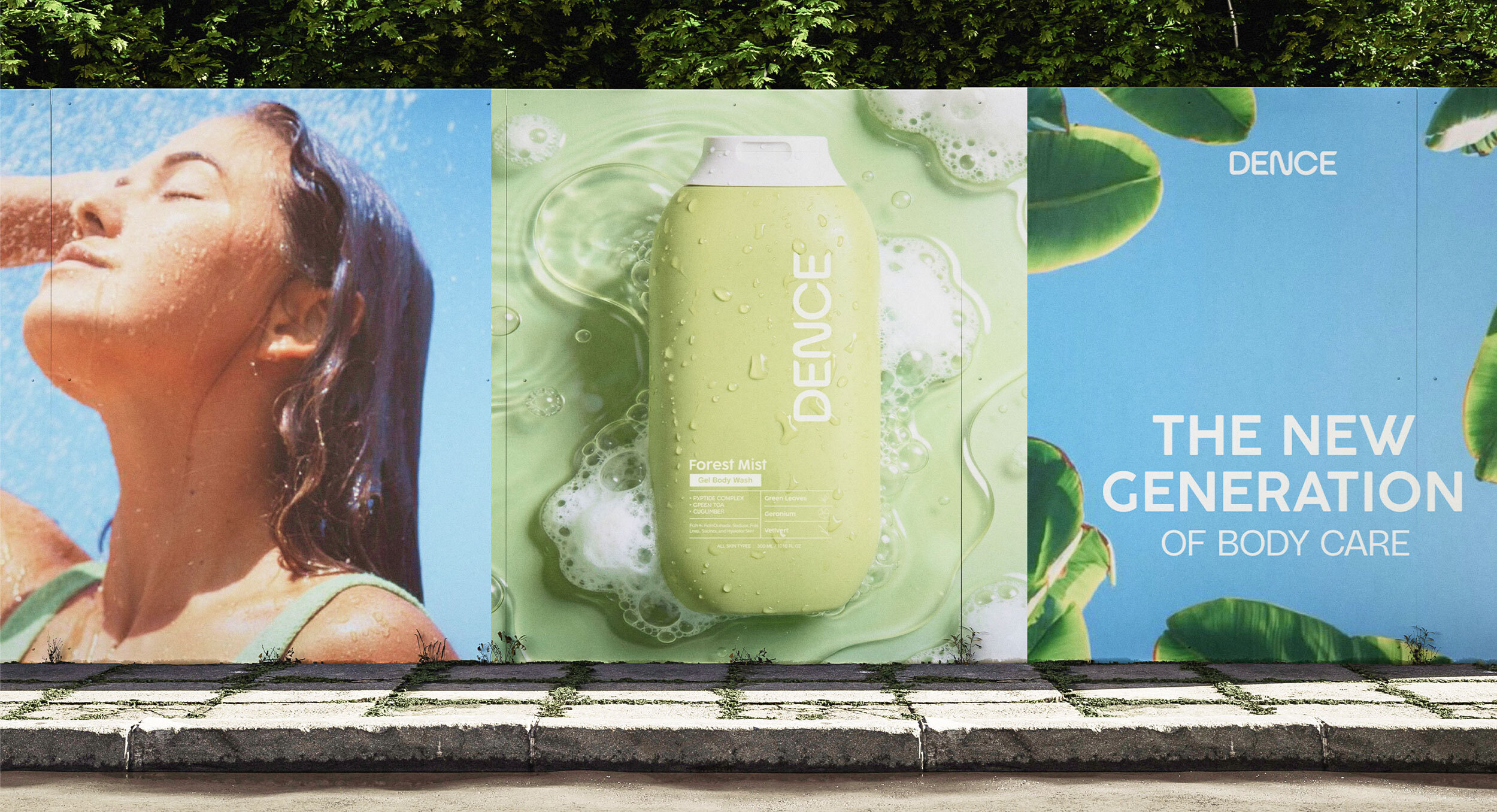 Dence campaign visuals featuring refreshing lifestyle imagery, body wash packaging and brand messaging.