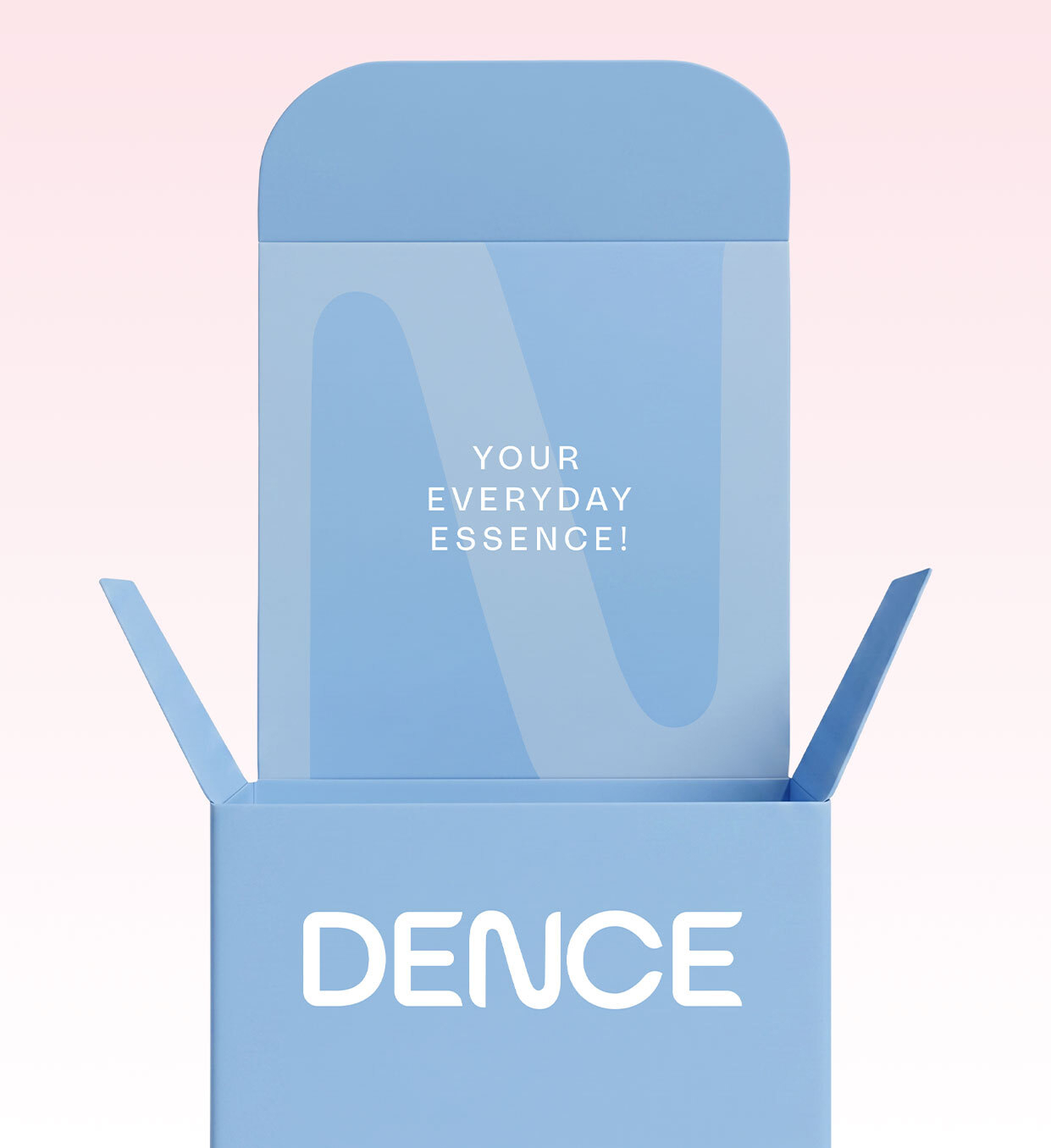 Open Dence branded monocarton packaging featuring a minimalist blue design with the message "Your Everyday Essence!" on the inner flap.