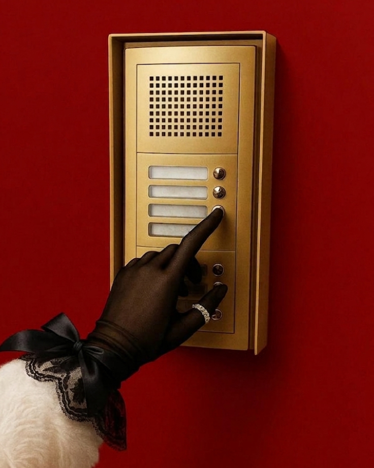A gloved hand with a diamond ring presses a button on a gold intercom mounted against a deep red wall, creating a luxurious and dramatic visual.