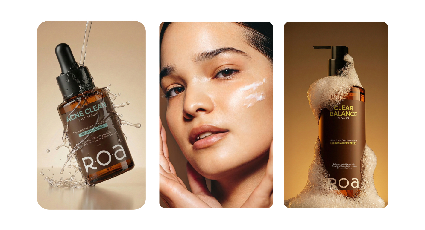 ROA skincare products shown with water, foam and a skincare model.