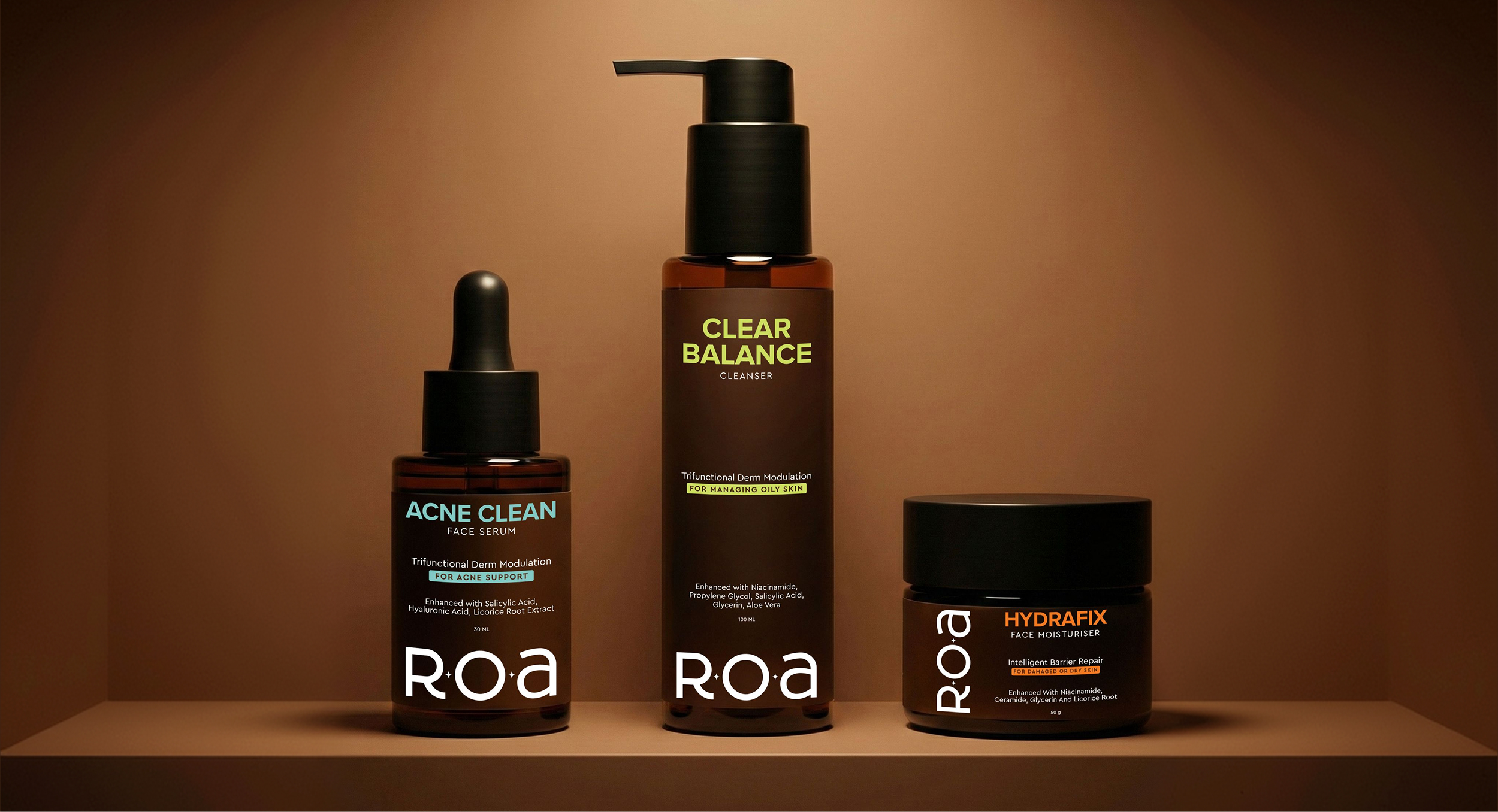 ROA skincare products, including a cleanser, face serum and moisturiser, displayed against a warm brown background.