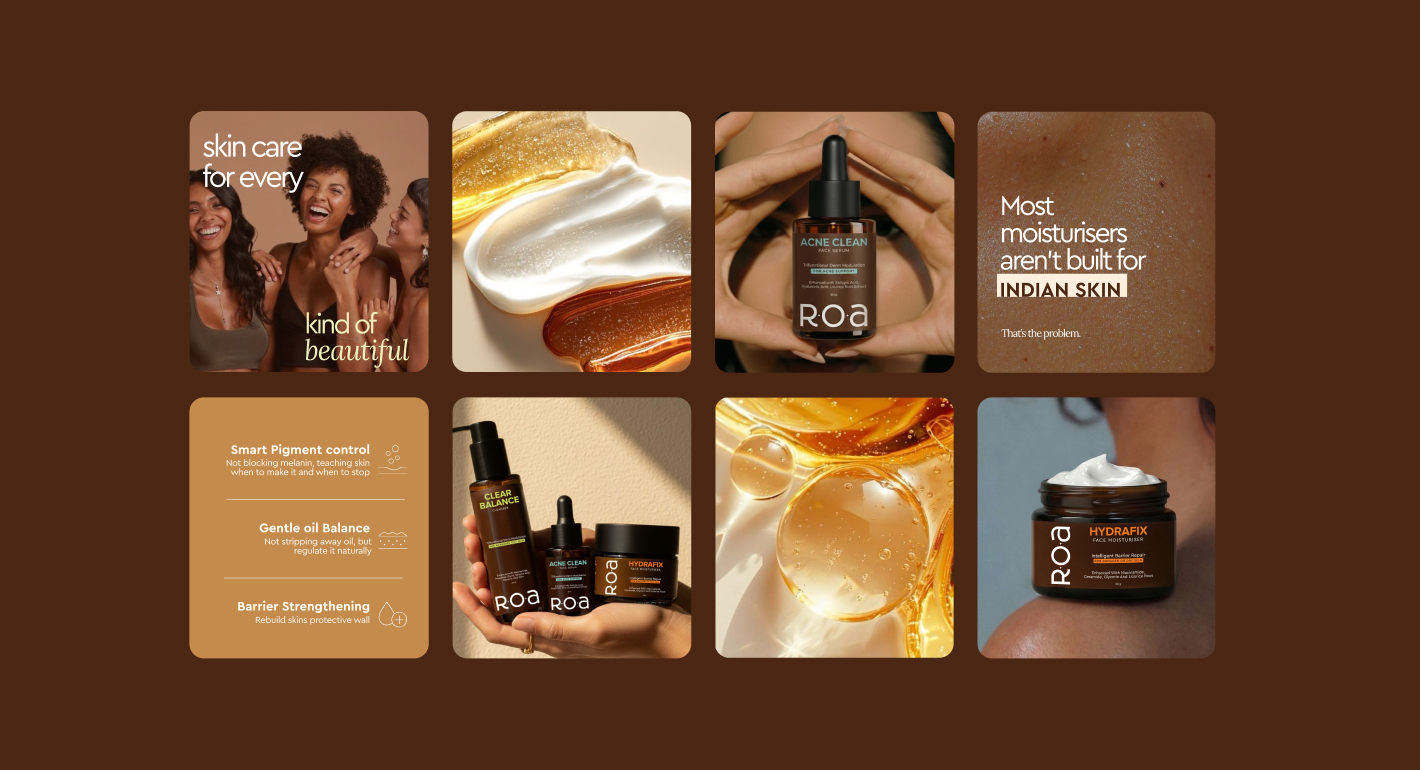 ROA skincare moodboard featuring products, textures and beauty imagery.