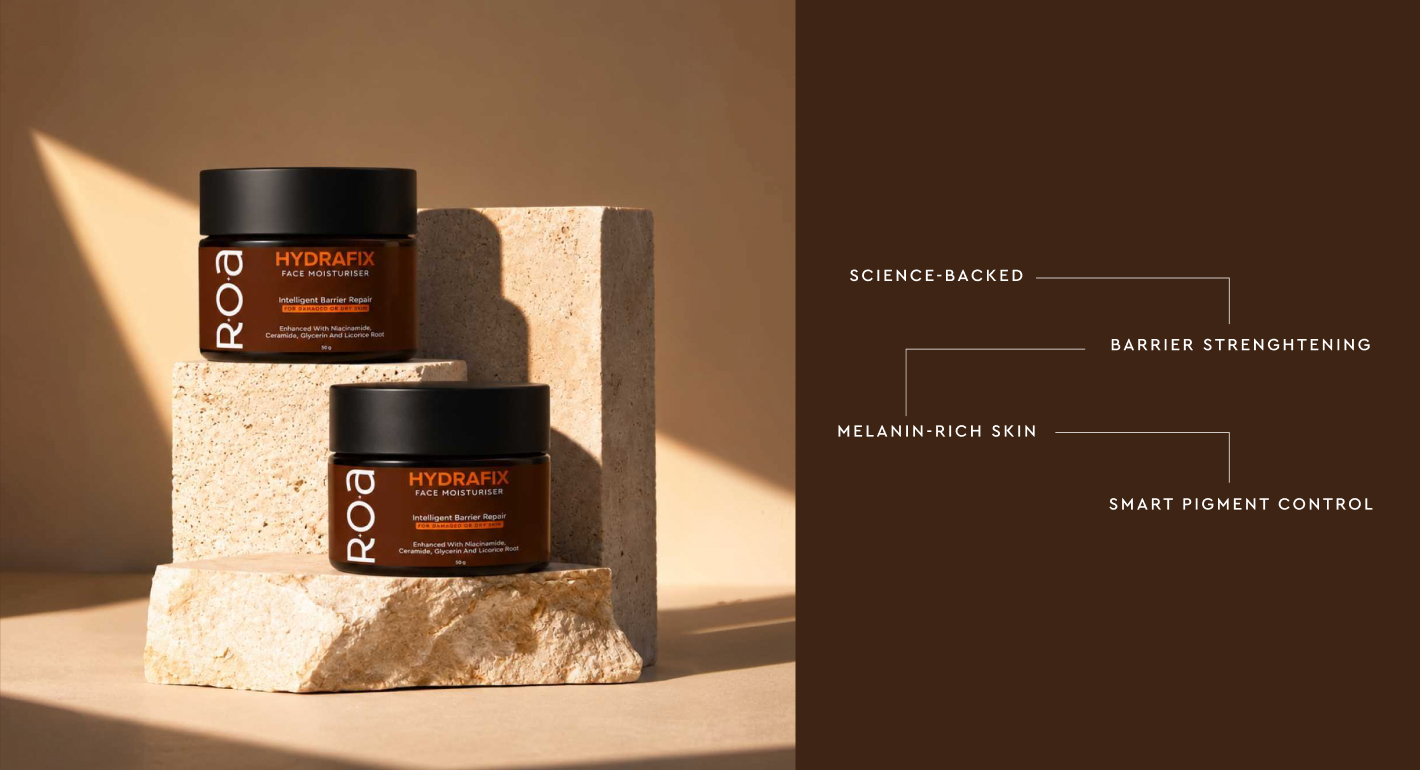 ROA Hydrafix moisturiser jars displayed on stone blocks in warm sunlight, with key product benefits highlighted alongside.
