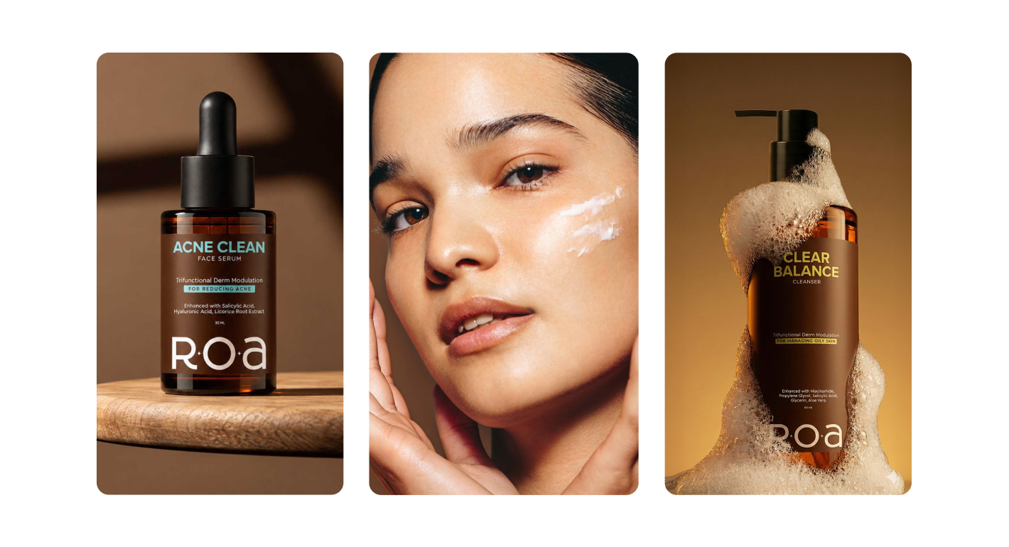 ROA skincare products shown with water, foam and a model.