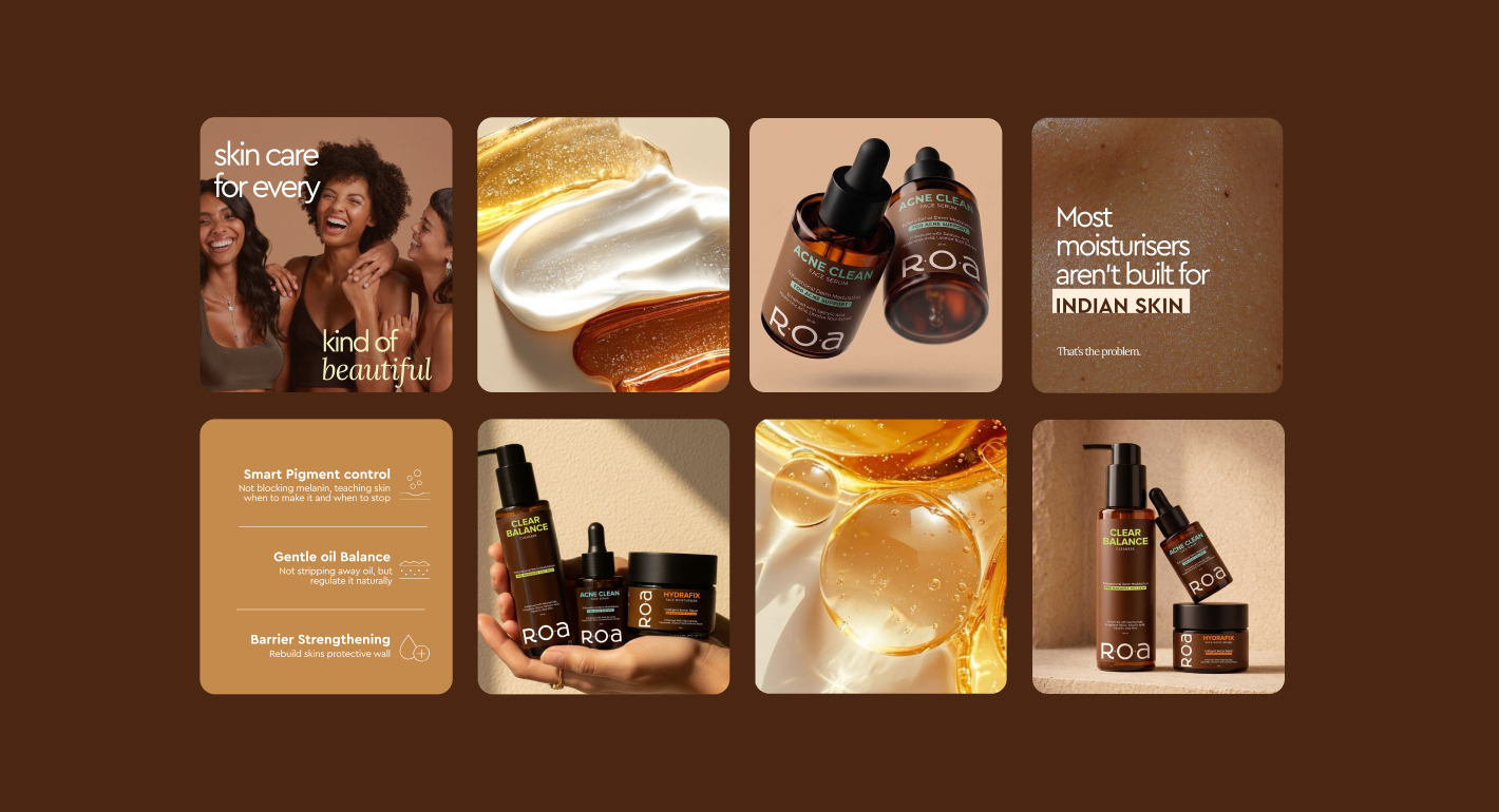 ROA skincare moodboard featuring products, textures and beauty imagery.