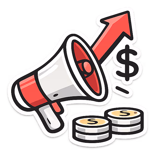 Icon with a megaphone, coins and dollar sign