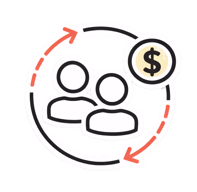Icon showing two person outlines surrounded by circular arrows pointing towards a dollar symbol.