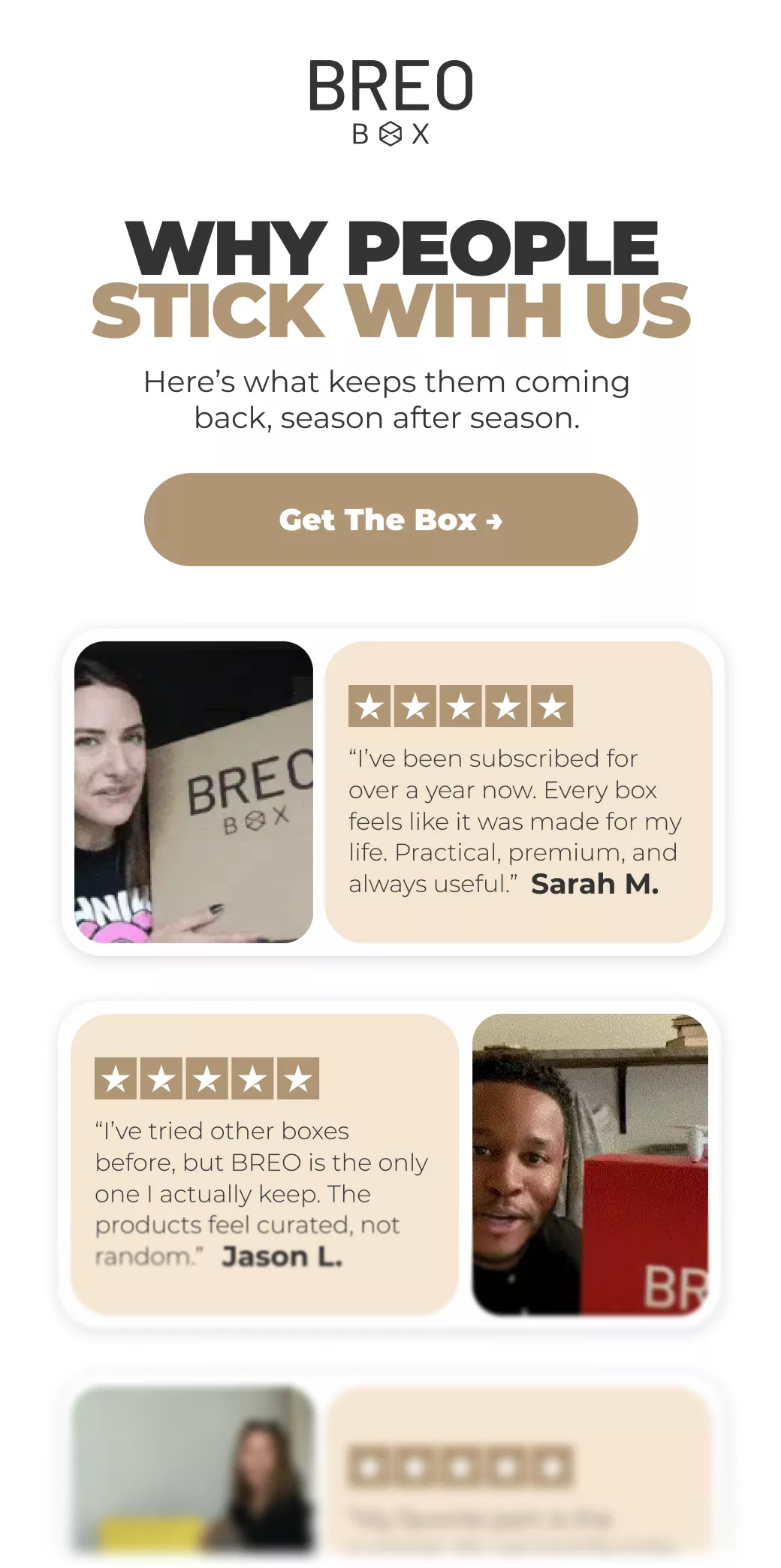 BREO BOX customer reviews section with photos and five-star ratings, highlighting testimonials about subscription satisfaction and product quality.