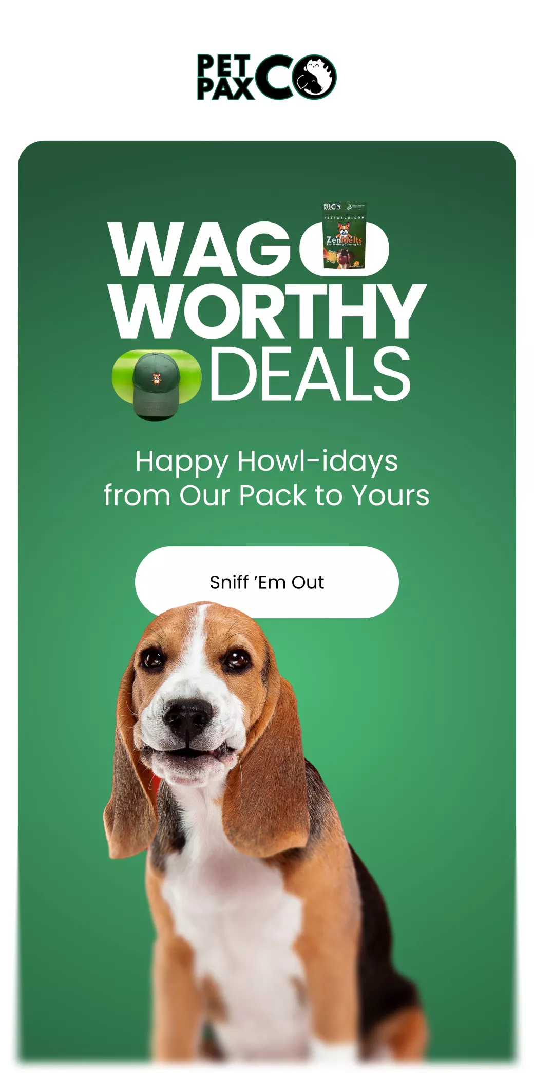 Advertisement with a beagle dog on green background and text: Wag-worthy deals, Happy Howl-idays from Our Pack to Yours.