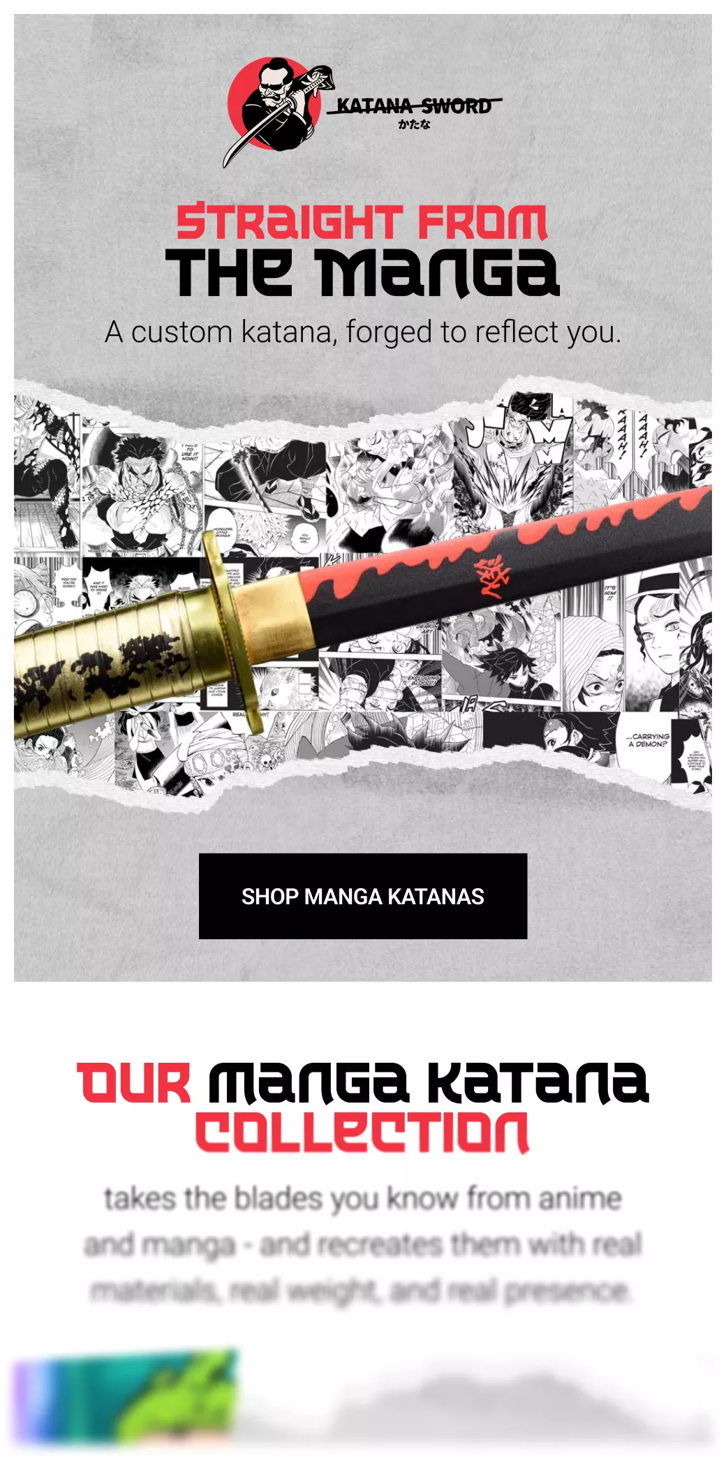 Custom katana sword with a red flame design on the blade, displayed over manga comic panels background, promoting manga-inspired swords.