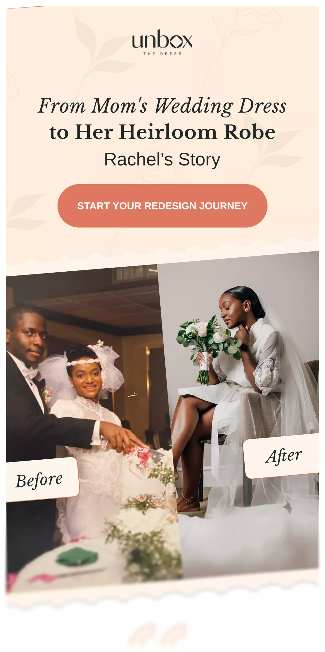 Side-by-side images showing a bride and groom cutting a wedding cake labeled Before, and a woman sitting in a modern white heirloom robe holding a bouquet labeled After.