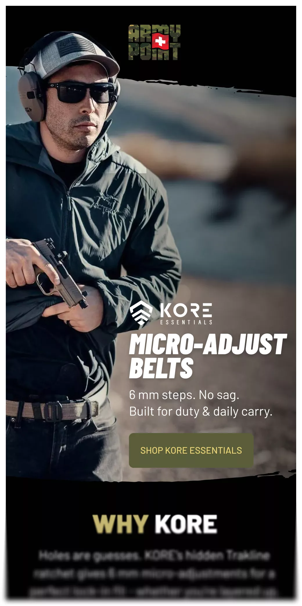 Man wearing sunglasses, headset, and jacket adjusting a belt while holding a handgun, with text promoting Kore Essentials micro-adjust belts.