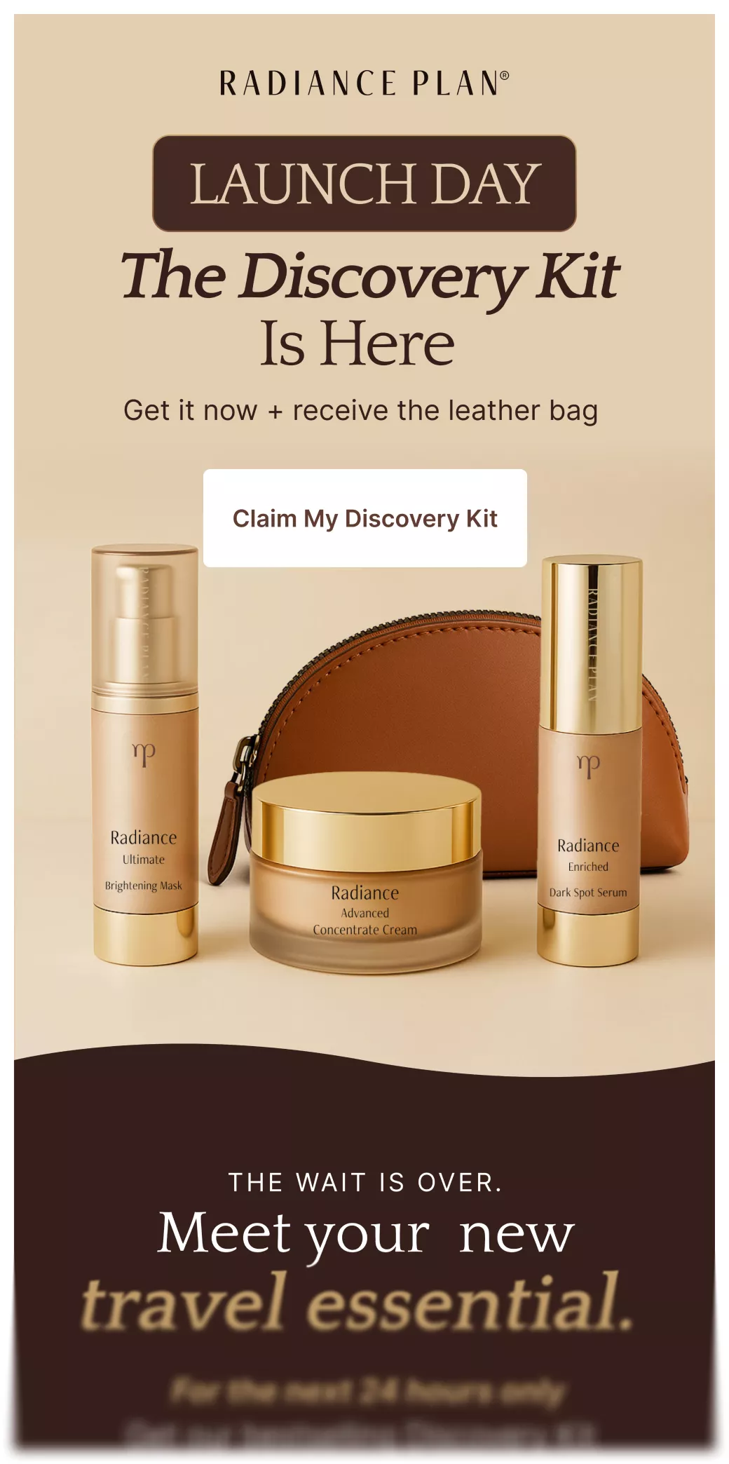 Radiance Plan Discovery Kit skincare products with a brown leather bag and a call-to-action button.