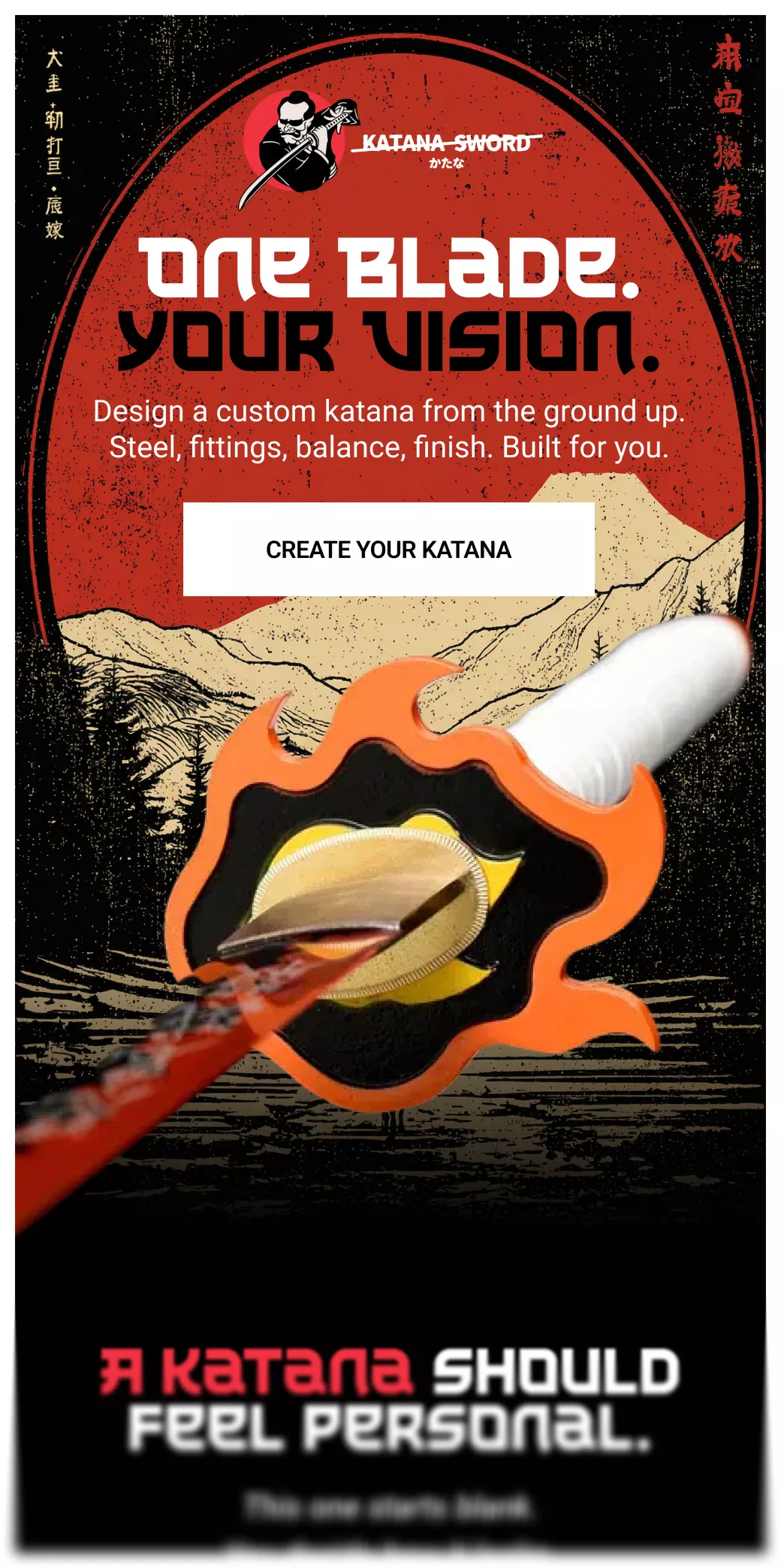 Promotional graphic for custom katana swords displaying a katana handle and blade with text encouraging design from ground up.