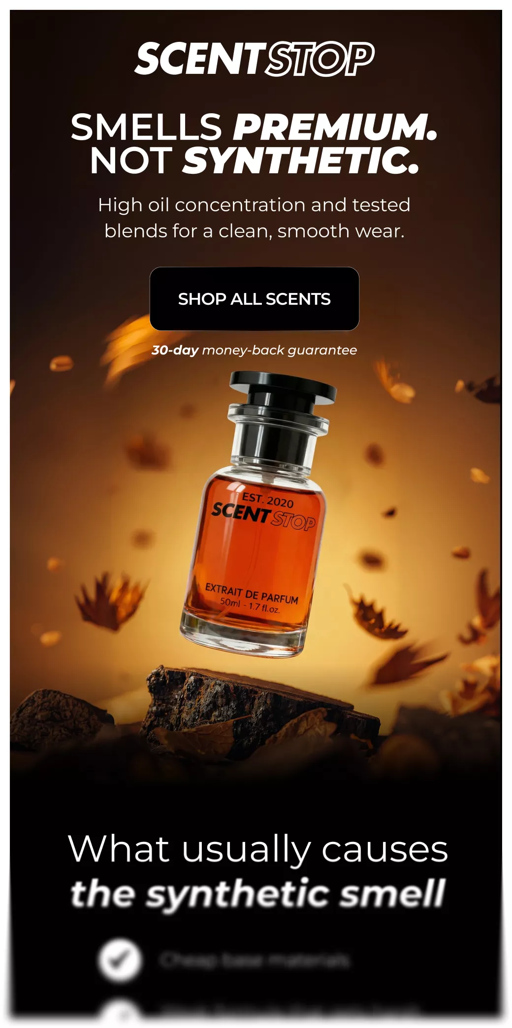 Scent Stop perfume bottle with amber liquid against a warm background, promoting premium natural scents with a 30-day money-back guarantee.