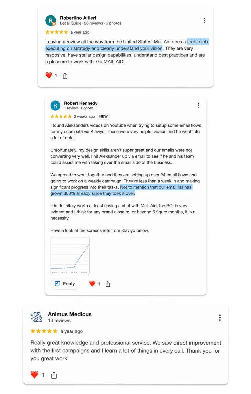 Three customer reviews praising Mail Aid for excellent strategy execution, increased email list growth by 300%, and professional service.