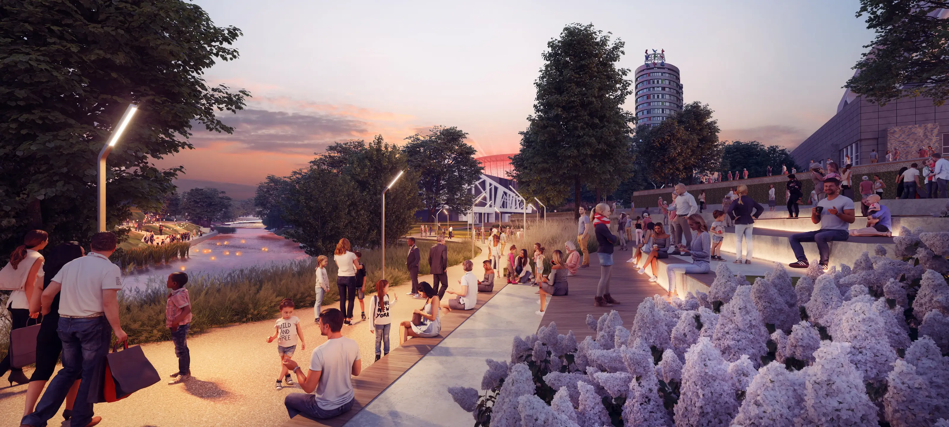 Ein Mann und eine Frau arbeiten im Hintergrund an der Konstruktion des Projekts. 