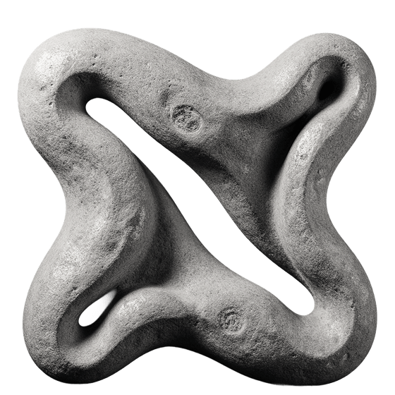 Gray sculpted abstract shape with smooth, curved loops and a rectangular hole in the center.