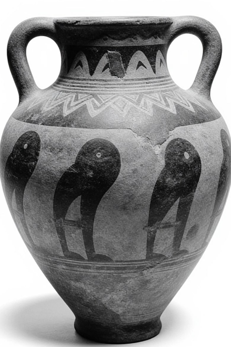 Ancient ceramic vase with twin handles featuring black painted birds and geometric patterns near the neck.