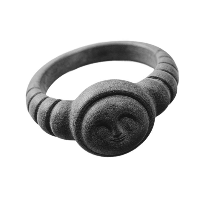 Black textured ring featuring a round face with a smiling expression and closed eyes.