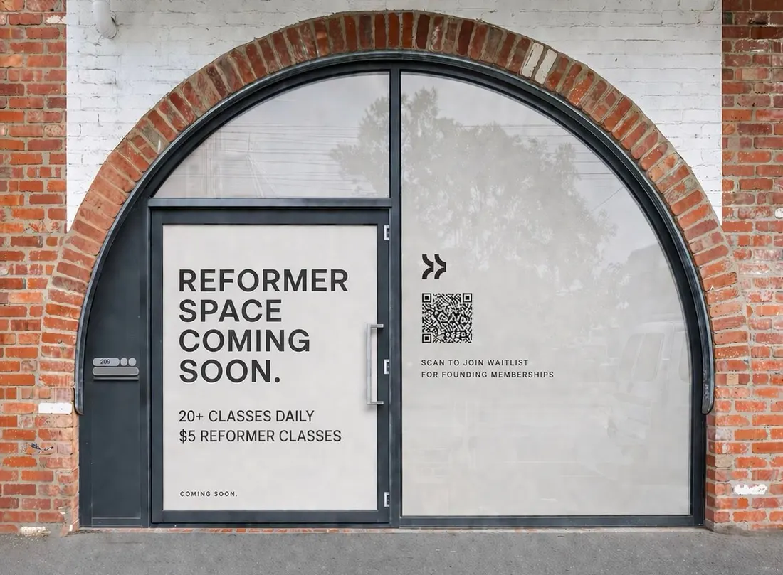 The Reformer Space frontage at 209 Sydney Road, Brunswick - signage reading Reformer Space coming soon