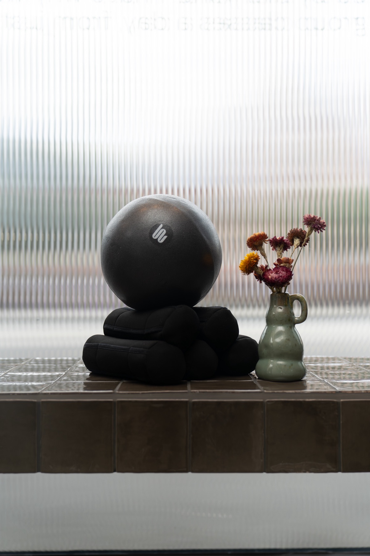 Pilates ball and cushions by the window