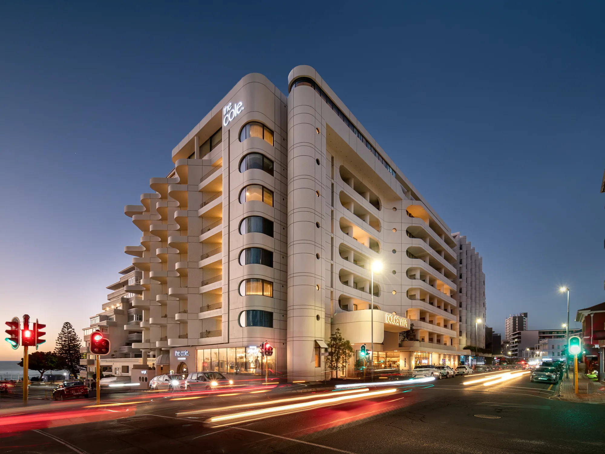 Dolce Vita and The Cole at dusk on the Sea Point Atlantic Seaboard, a Berman Brothers Group development.
