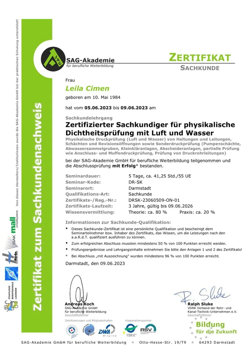 Rohrexperte Bremen sind zertifizierte Experten für physikalische Dichtheitsprüfung mit Luft und Wasser.