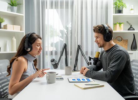 Deux personnes, une femme et un homme, munies de micros et de casques, s’apprêtent à enregistrer un podcast. L’image évoque la convivialité, la concentration et la technicité nécessaires à la réussite d’un enregistrement audio, tout en mettant en valeur la dynamique d’équipe et la créativité au service de la communication.
