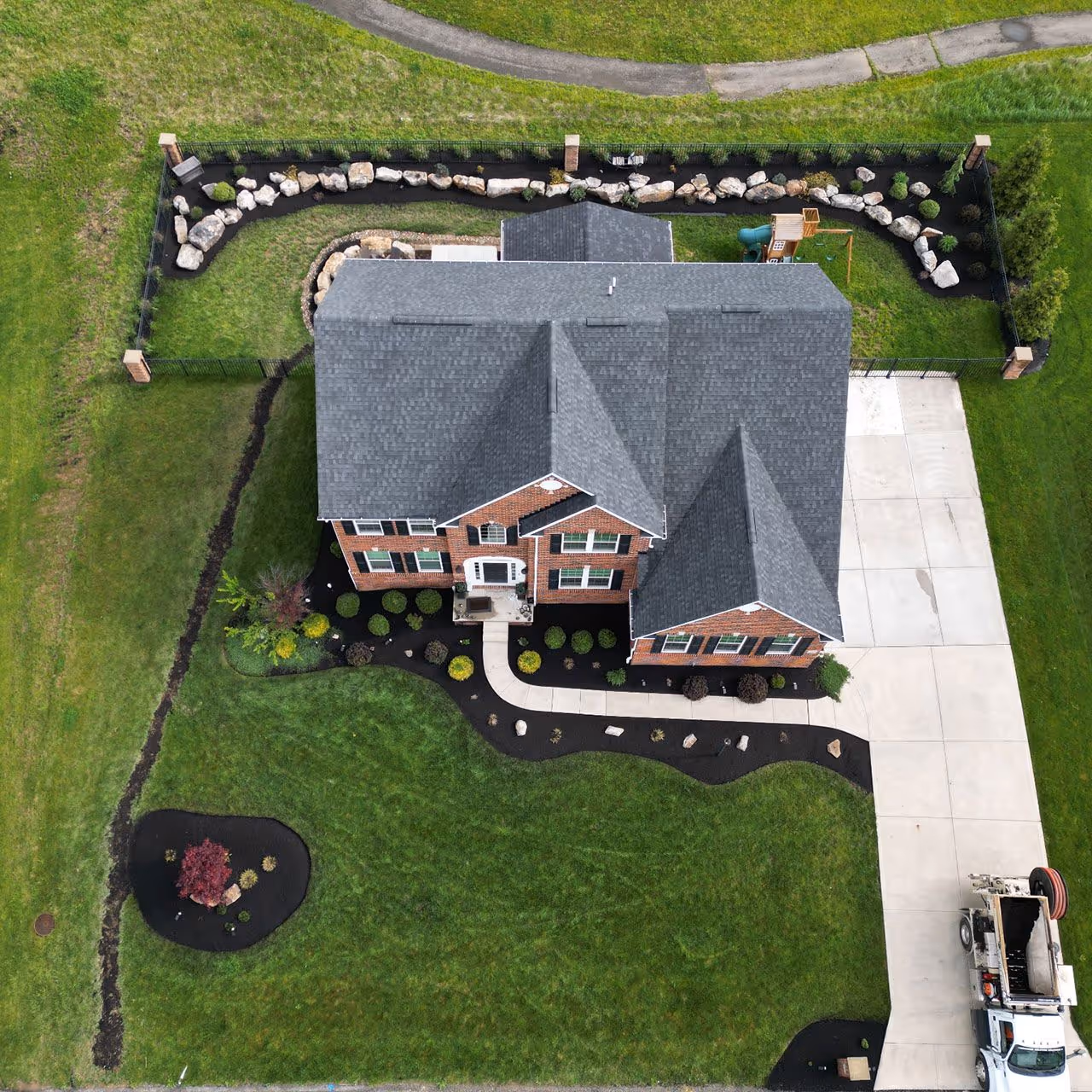 Aerial view of landscaped property by A&J Lawn Pros LLC in Greater Pittsburgh, PA